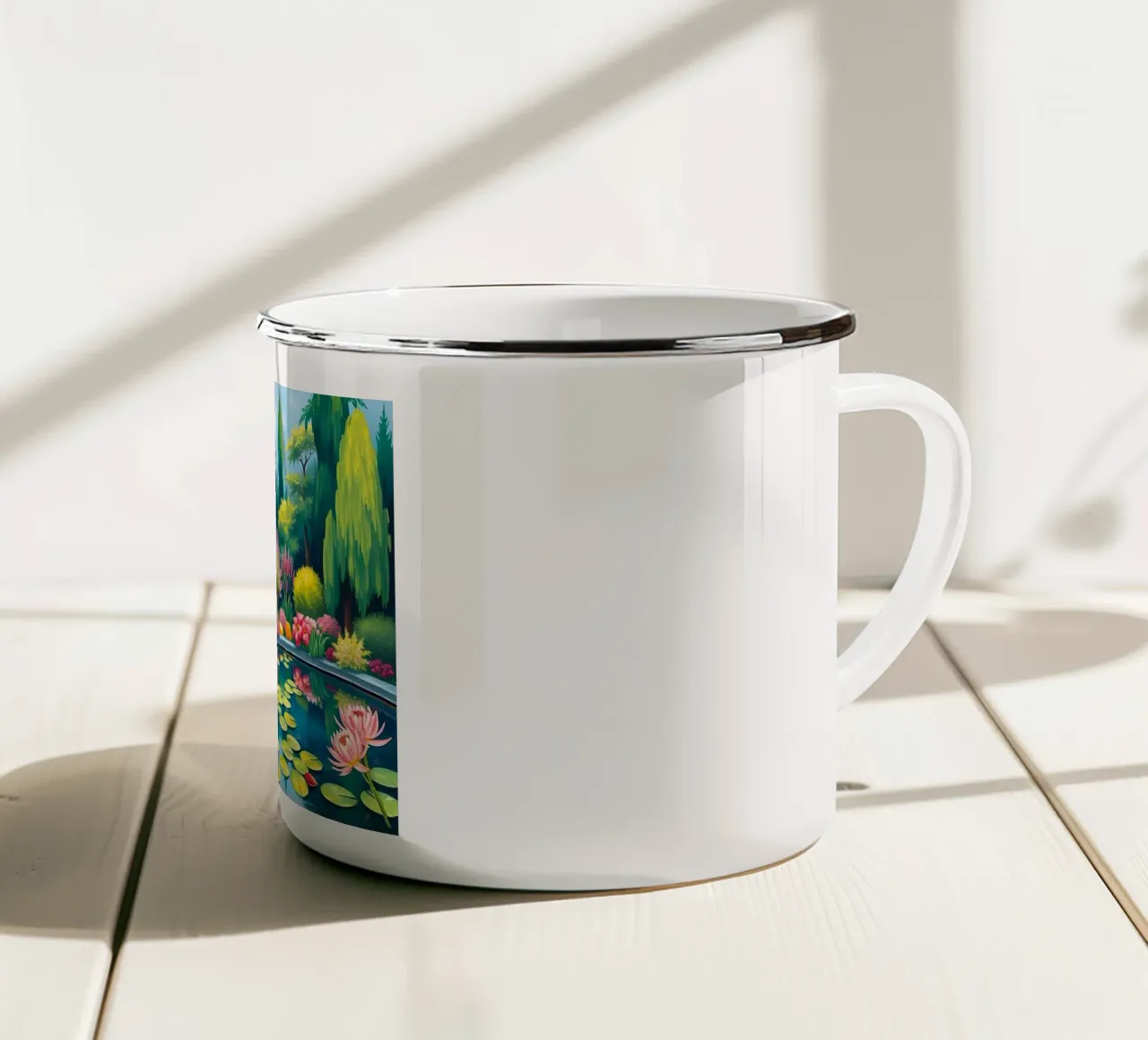 Il tranquillo giardino del laghetto delle ninfee tazza in smalto da Artistic-shop