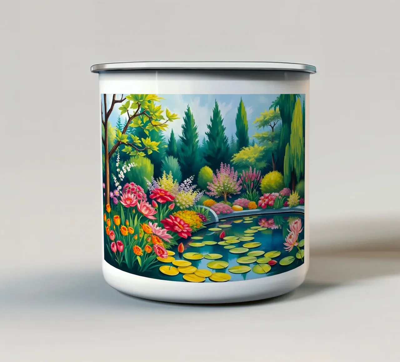 Il tranquillo giardino del laghetto delle ninfee tazza in smalto da Artistic-shop