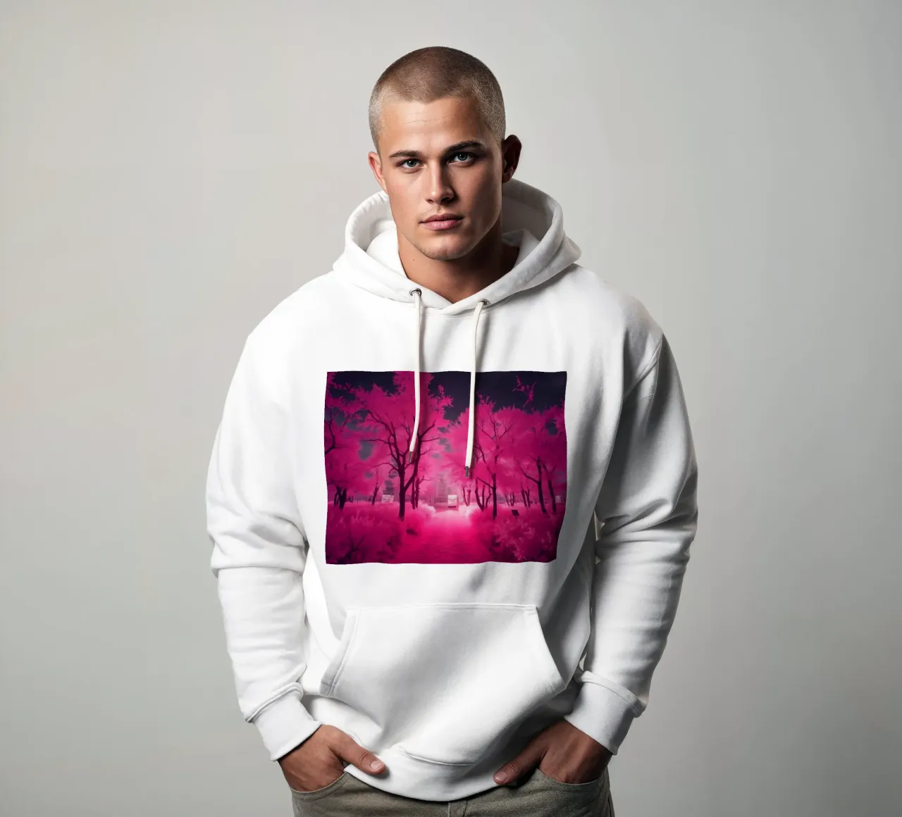 Alberi rosa vibranti che costeggiano un sentiero sereno in un'atmosfera eterea. felpa con cappuccio da DesignDoodle