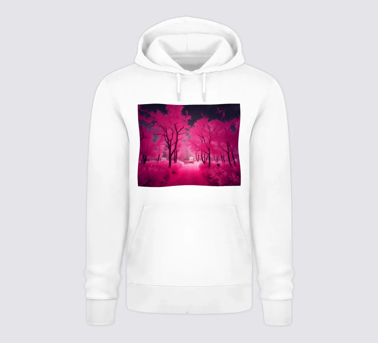 Alberi rosa vibranti che costeggiano un sentiero sereno in un'atmosfera eterea. felpa con cappuccio da DesignDoodle