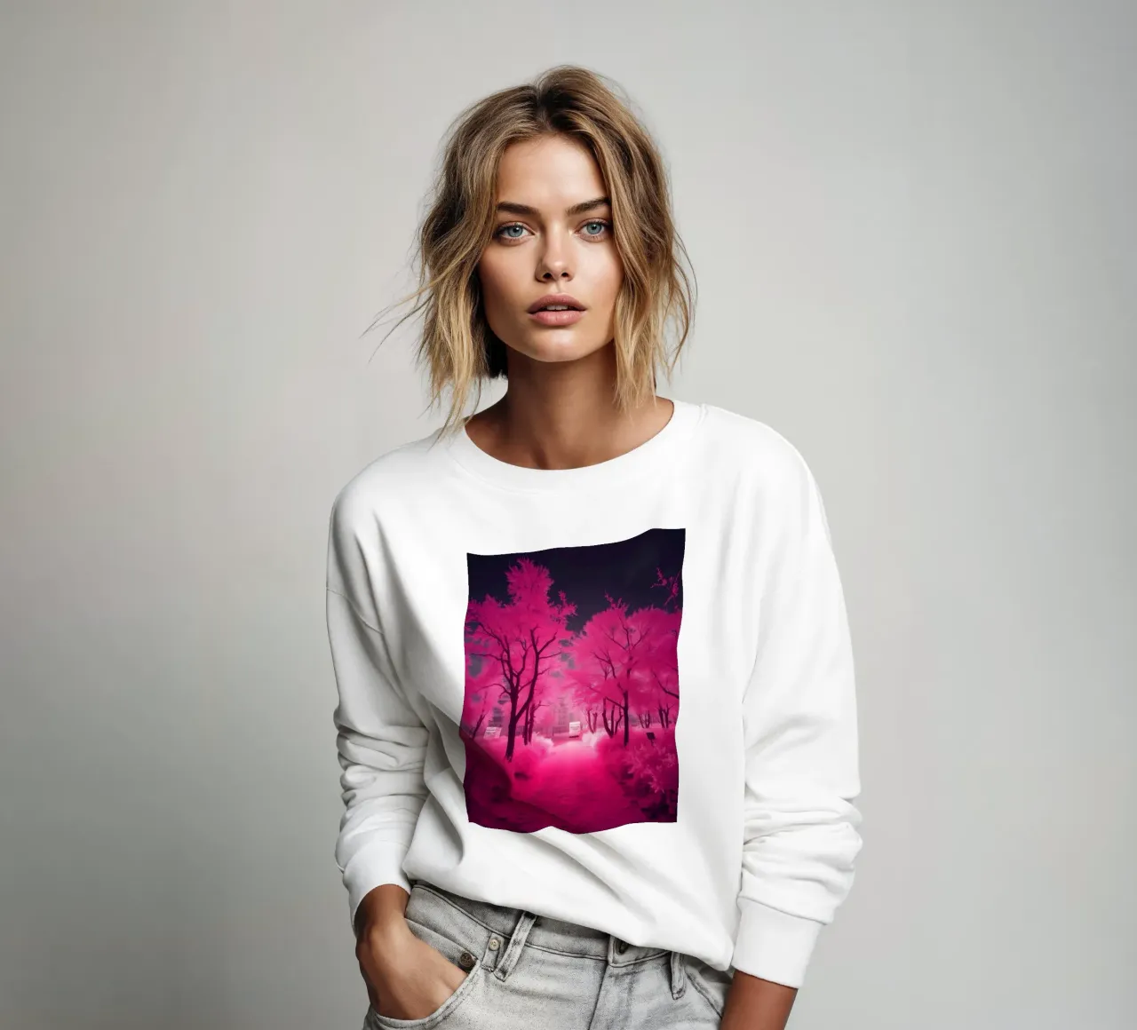 Alberi rosa vibranti che costeggiano un sentiero sereno in un'atmosfera eterea. felpa da DesignDoodle