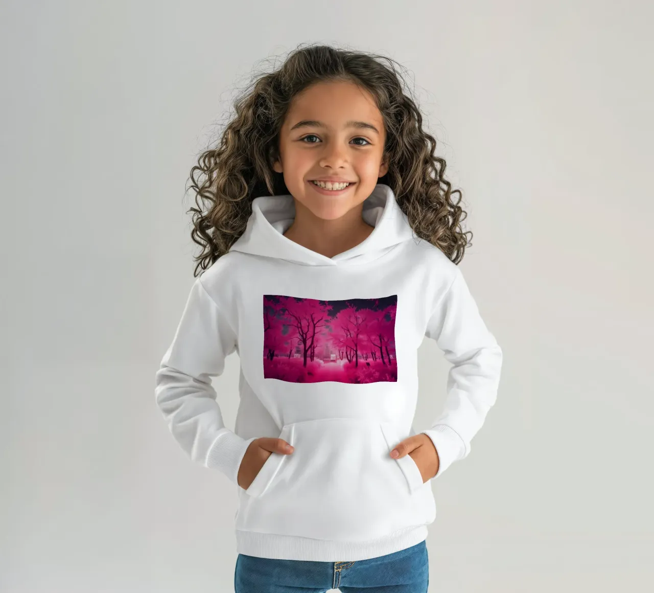 Alberi rosa vibranti che costeggiano un sentiero sereno in un'atmosfera eterea. felpa bambino con cappuccio da DesignDoodle