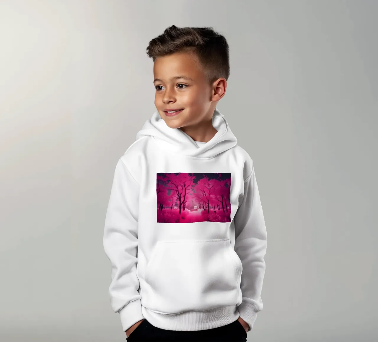 Alberi rosa vibranti che costeggiano un sentiero sereno in un'atmosfera eterea. felpa bambino con cappuccio da DesignDoodle