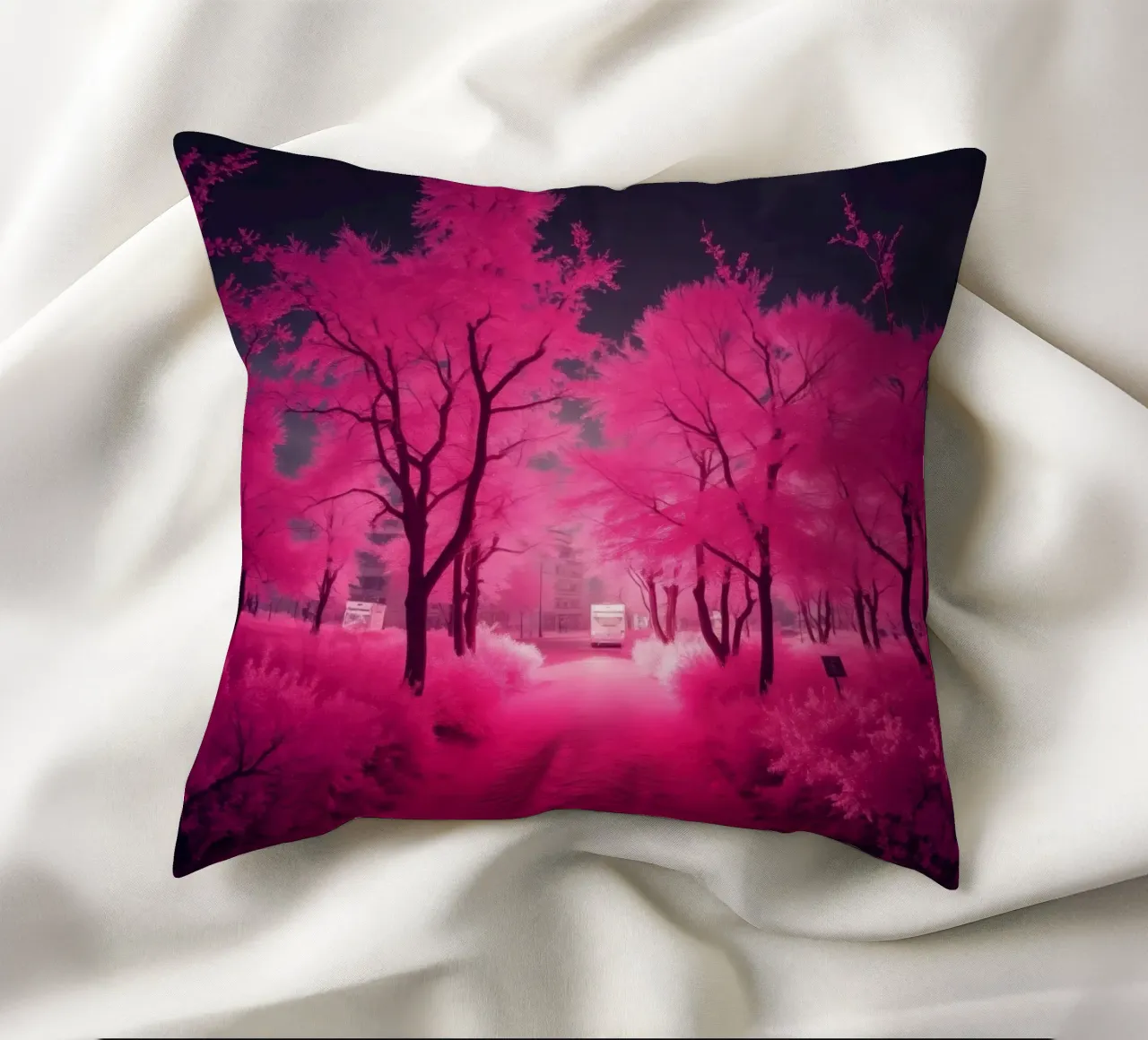 Alberi rosa vibranti che costeggiano un sentiero sereno in un'atmosfera eterea. cuscino da DesignDoodle