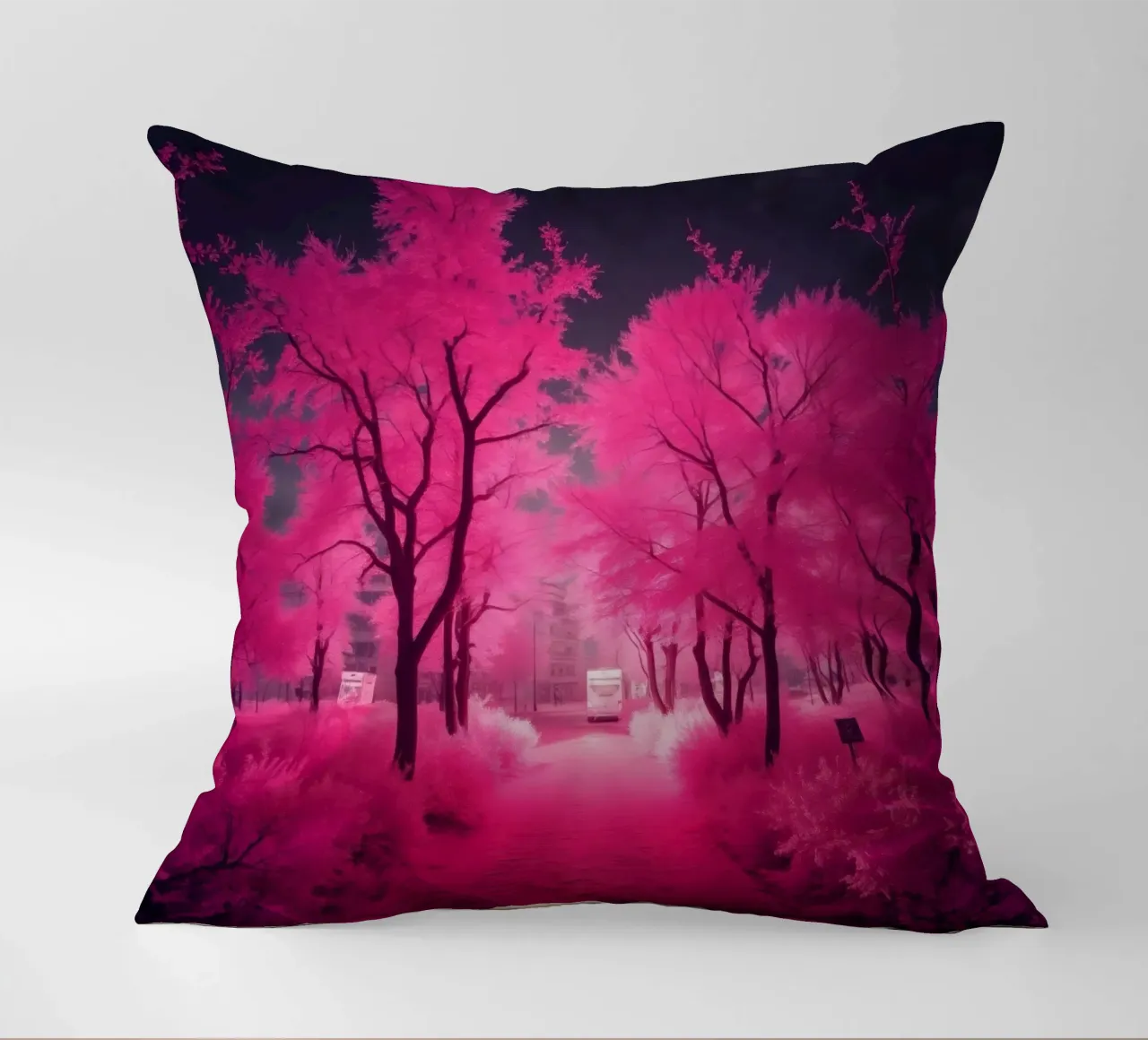 Alberi rosa vibranti che costeggiano un sentiero sereno in un'atmosfera eterea. cuscino da DesignDoodle