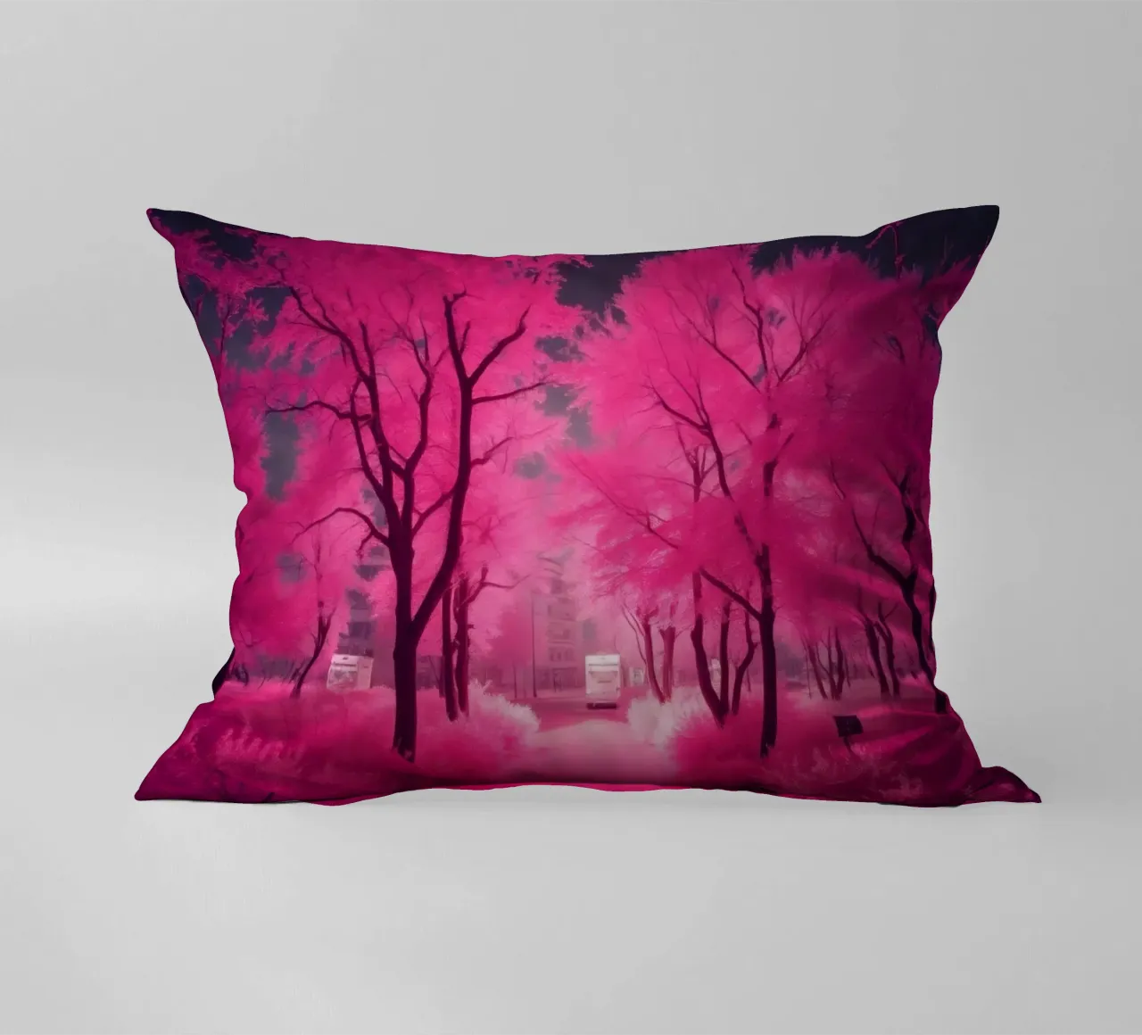Alberi rosa vibranti che costeggiano un sentiero sereno in un'atmosfera eterea. cuscino da DesignDoodle