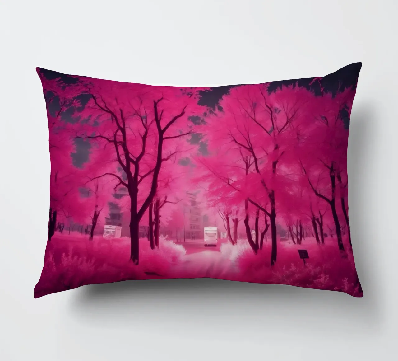 Alberi rosa vibranti che costeggiano un sentiero sereno in un'atmosfera eterea. cuscino da DesignDoodle