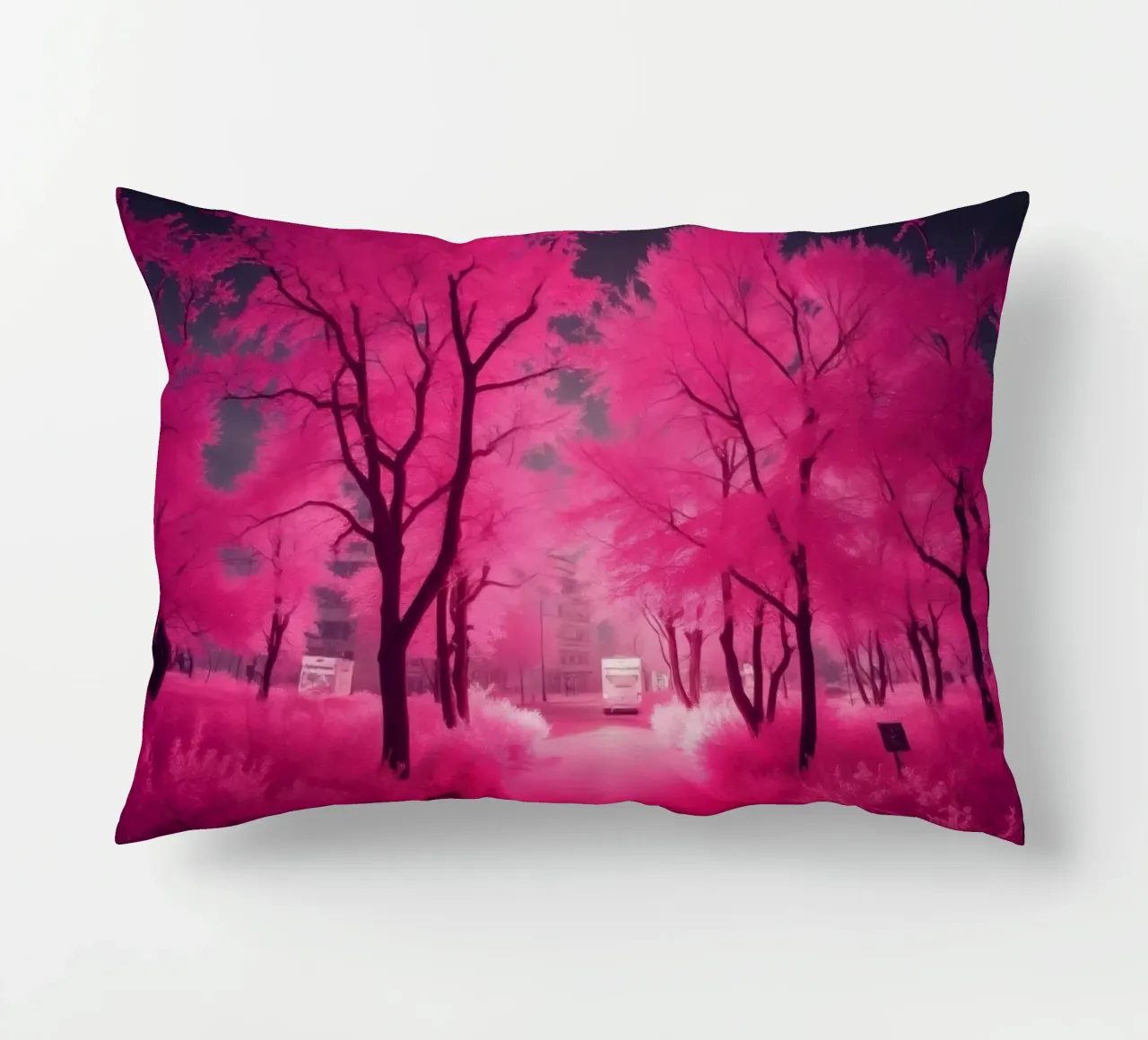 Alberi rosa vibranti che costeggiano un sentiero sereno in un'atmosfera eterea. cuscino da DesignDoodle