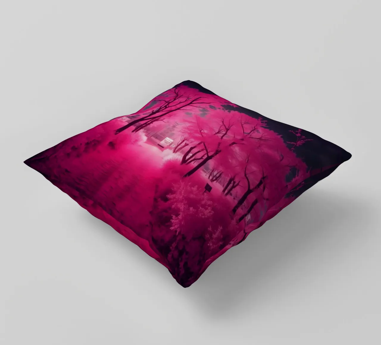 Alberi rosa vibranti che costeggiano un sentiero sereno in un'atmosfera eterea. cuscino da DesignDoodle