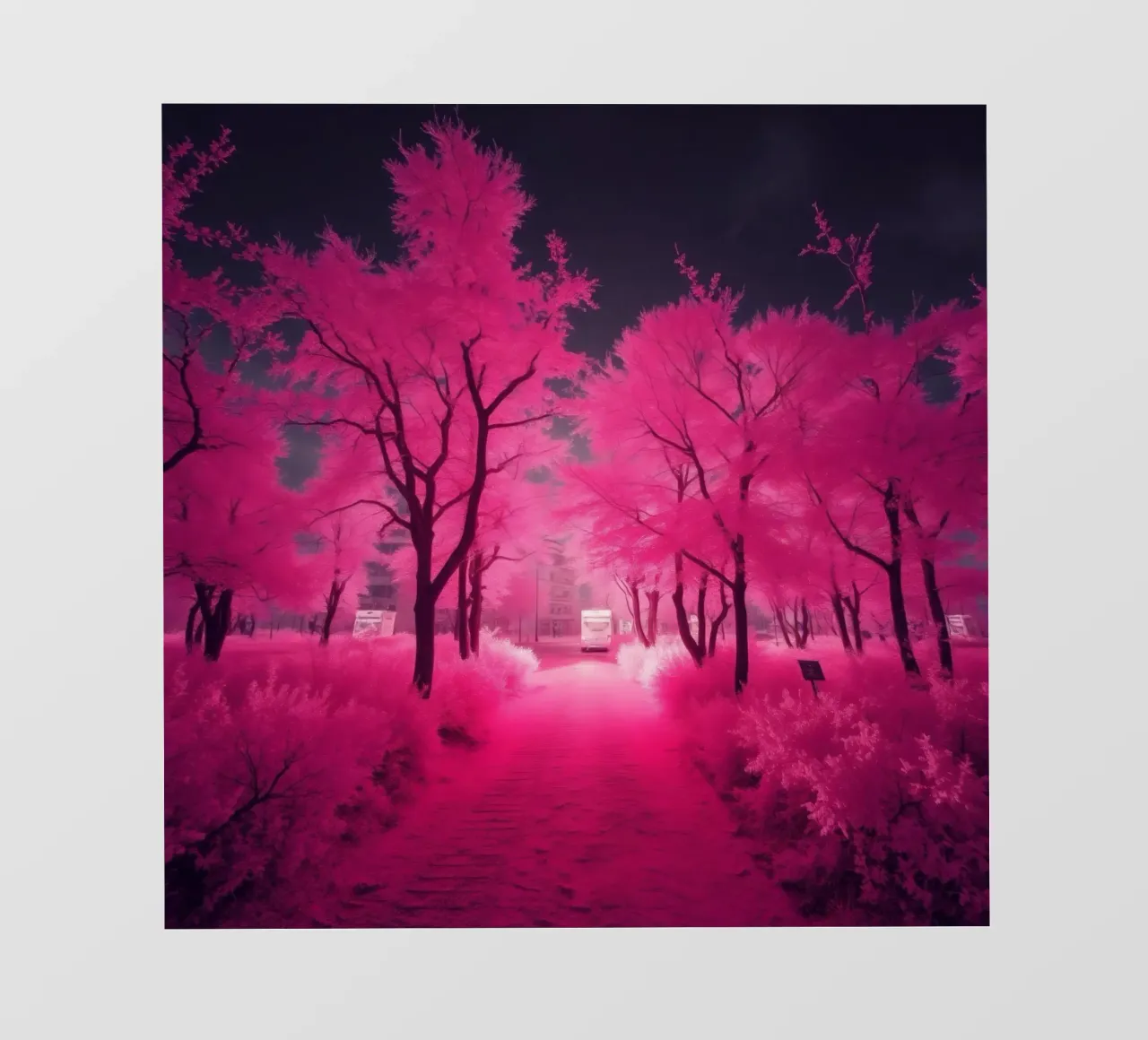 Alberi rosa vibranti che costeggiano un sentiero sereno in un'atmosfera eterea. pellicola backlit da DesignDoodle