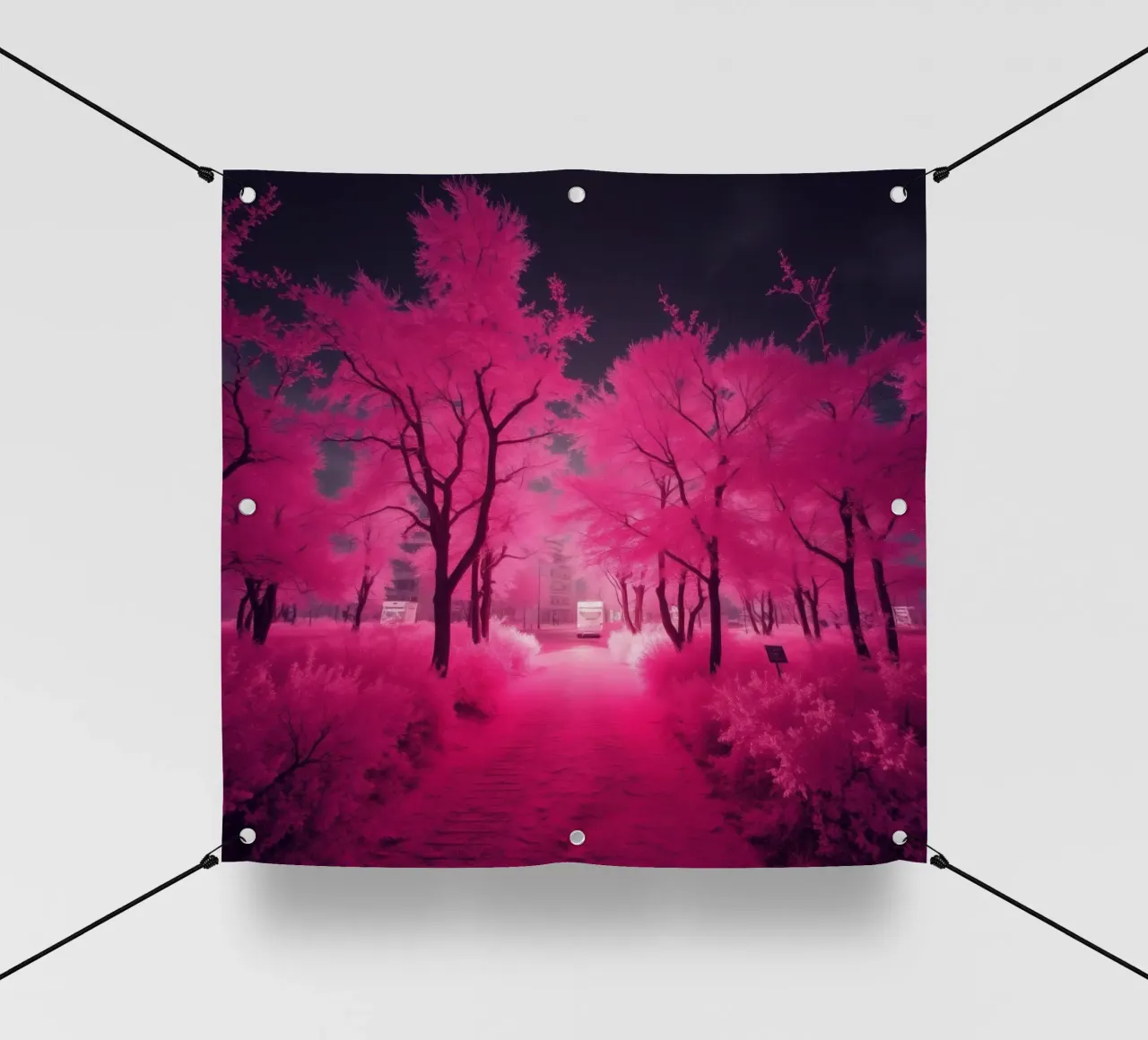 Alberi rosa vibranti che costeggiano un sentiero sereno in un'atmosfera eterea. telo in pvc da DesignDoodle