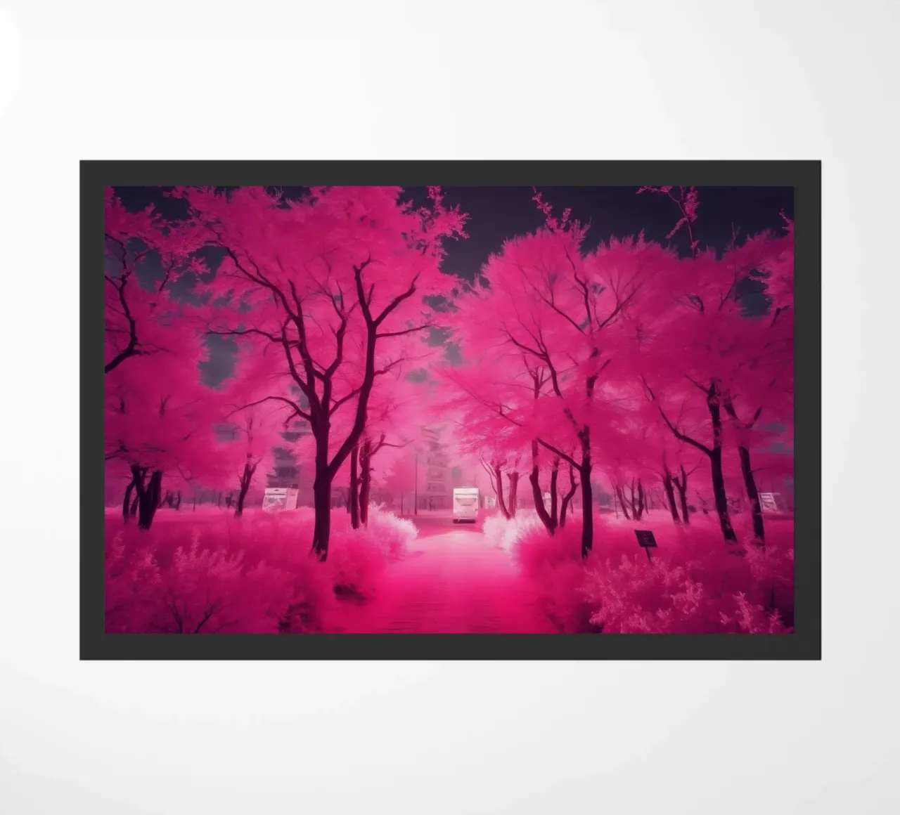 Alberi rosa vibranti che costeggiano un sentiero sereno in un'atmosfera eterea. zerbino da DesignDoodle