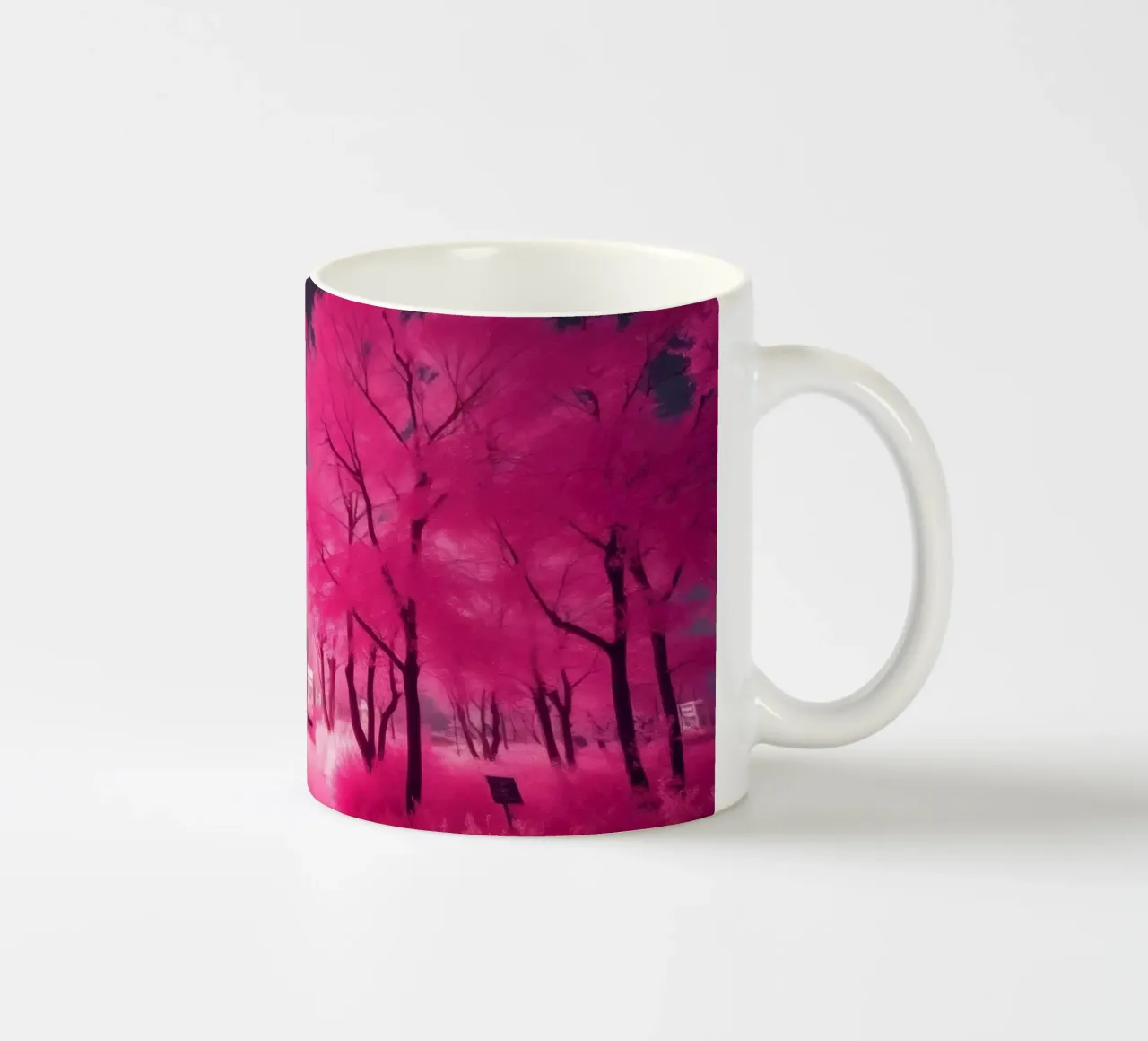 Alberi rosa vibranti che costeggiano un sentiero sereno in un'atmosfera eterea. tazza in ceramica da DesignDoodle