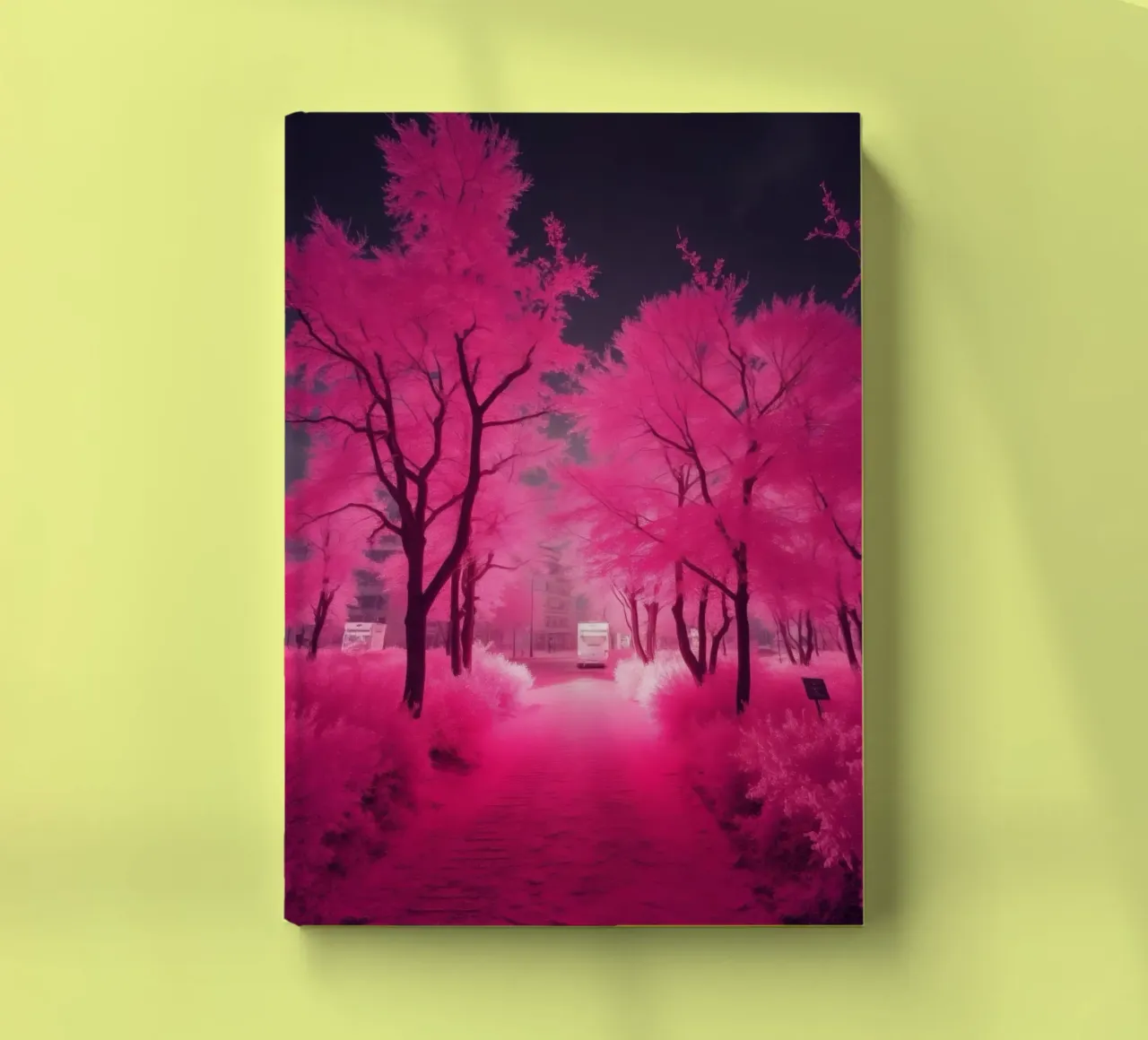 Vibrant pink trees lining a serene pathway in an ethereal notebook by DesignDoodle