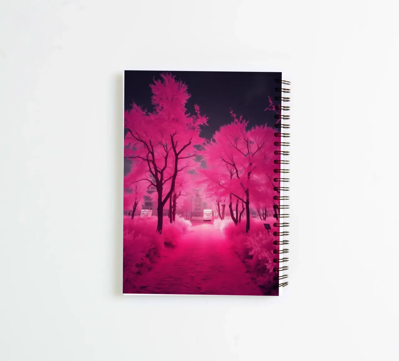 Vibrant pink trees lining a serene pathway in an ethereal spiral notebook by DesignDoodle