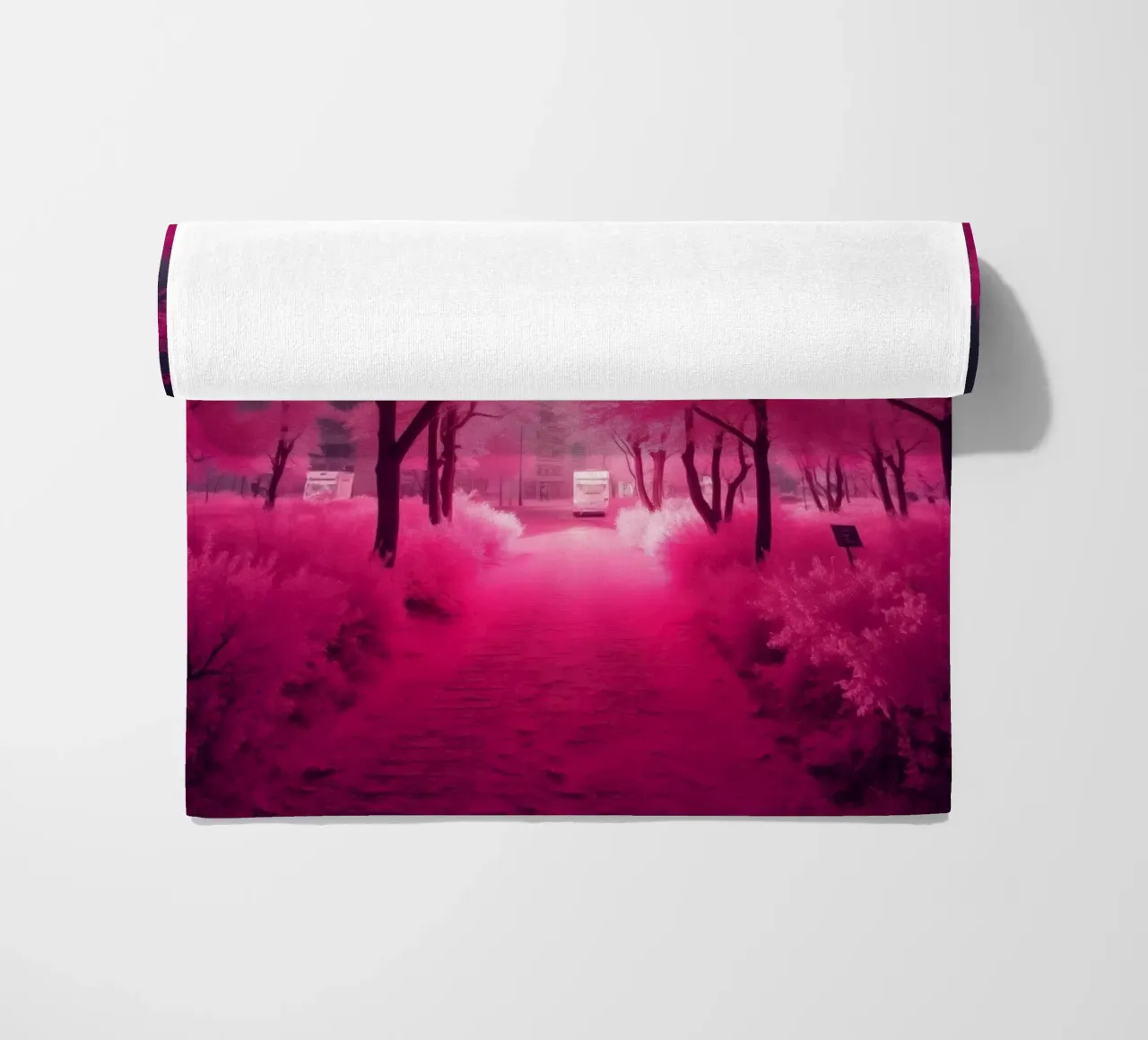 Alberi rosa vibranti che costeggiano un sentiero sereno in un'atmosfera eterea. telo mare da DesignDoodle