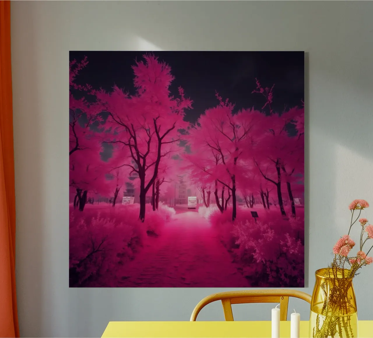 Alberi rosa vibranti che costeggiano un sentiero sereno in un'atmosfera eterea. plexiglass da DesignDoodle