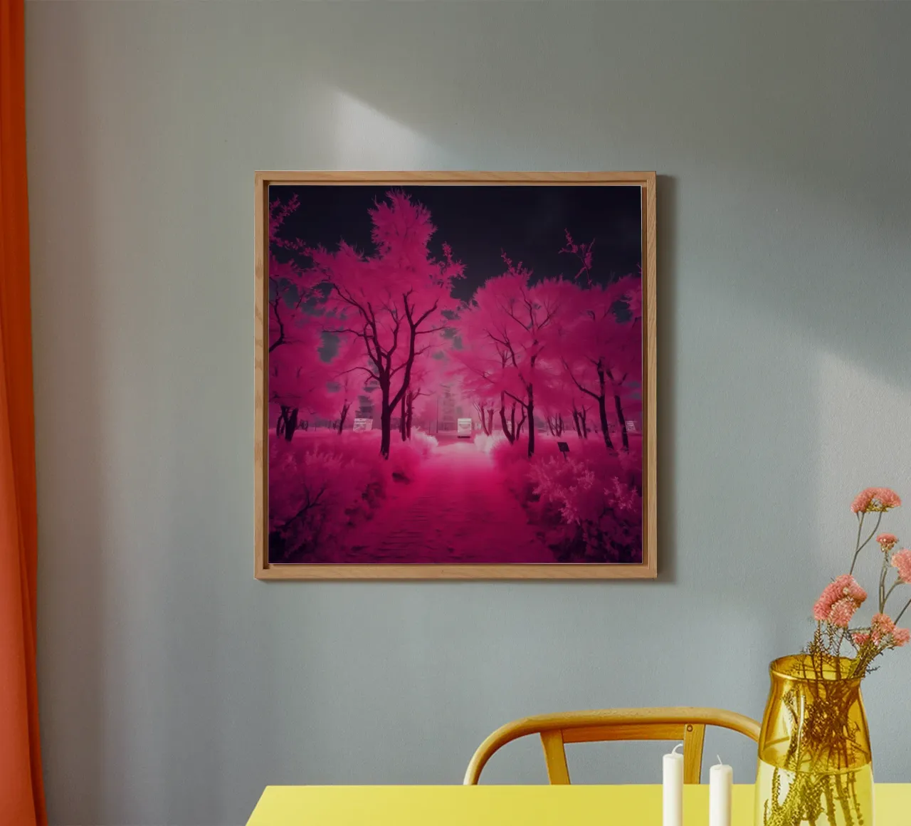Alberi rosa vibranti che costeggiano un sentiero sereno in un'atmosfera eterea. alluminio dibond da DesignDoodle