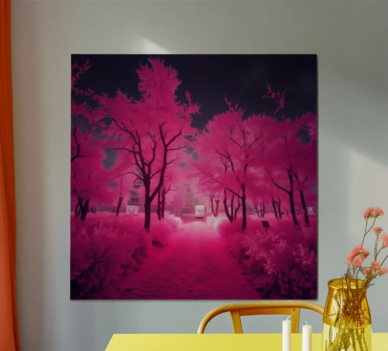 Alberi rosa vibranti che costeggiano un sentiero sereno in un'atmosfera eterea. carta hahnemühle da DesignDoodle