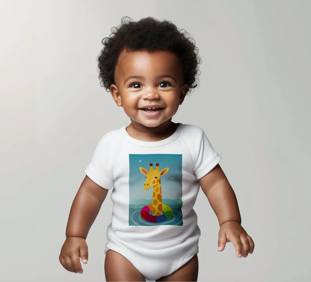 Giraffe with floating tyre - summer fun with style short-sleeve baby romper by namosh