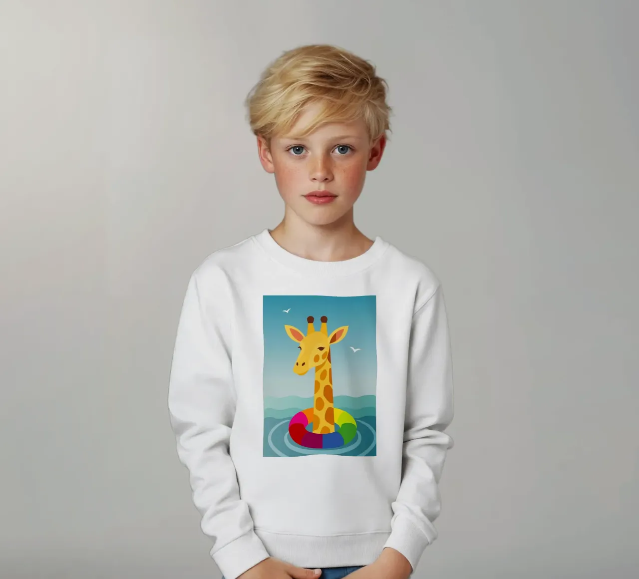 Giraffe with floating tyre - summer fun with style kids sweatshirt by namosh