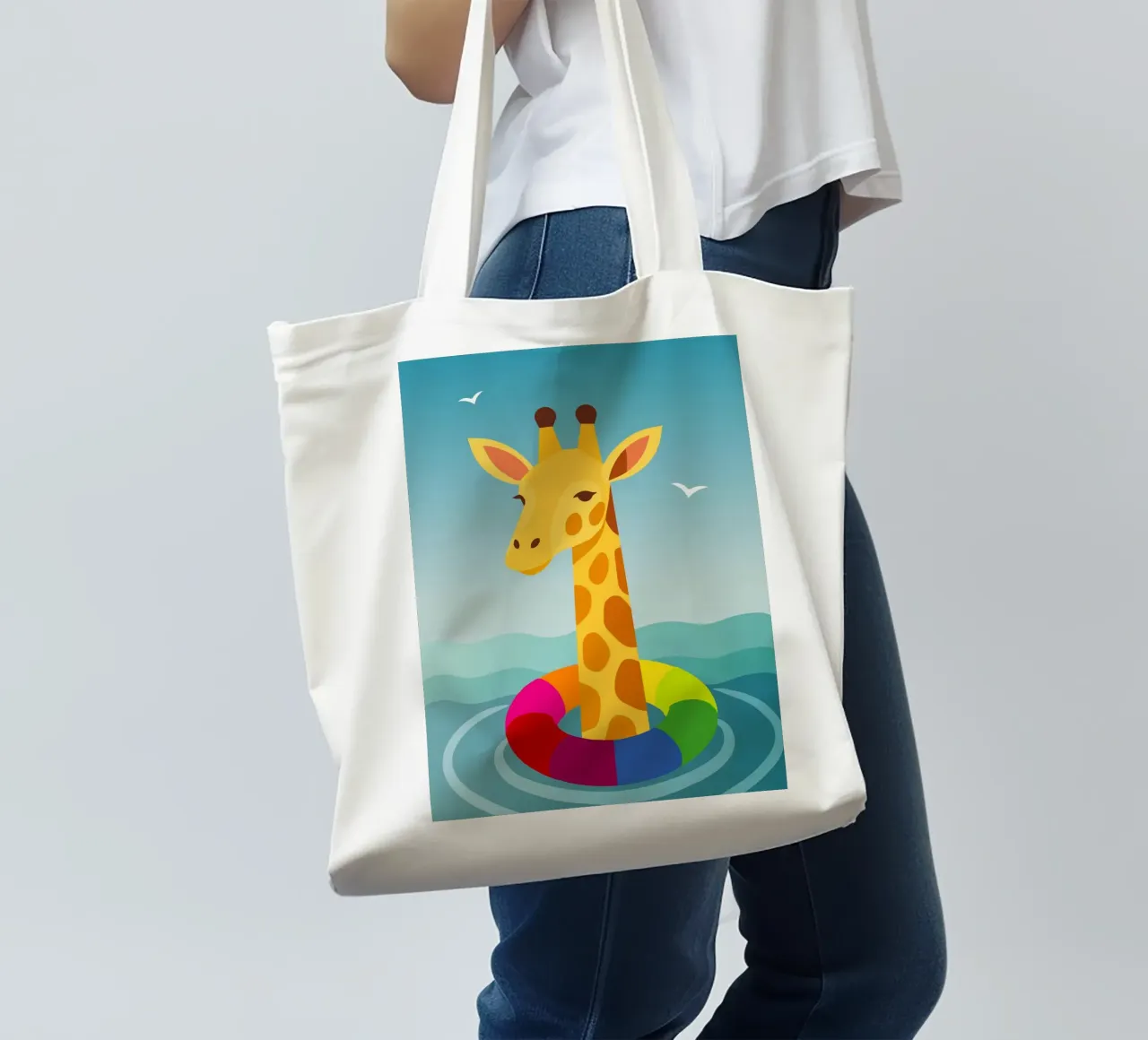 Giraffe with floating tyre - summer fun with style tote bag by namosh