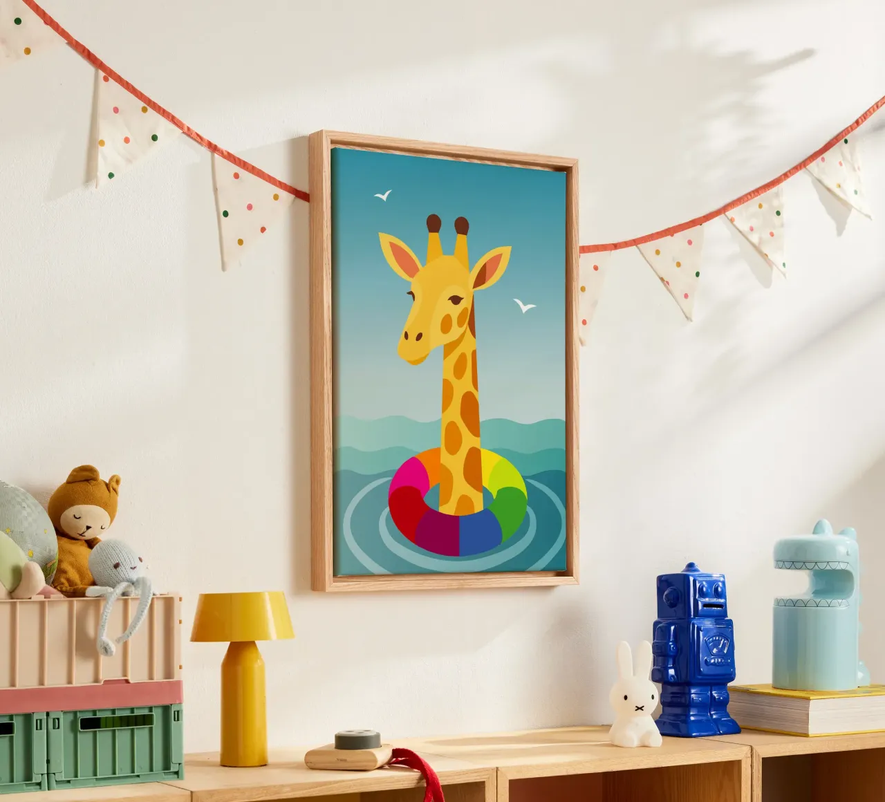 Giraffe with floating tyre - summer fun with style canvas by namosh