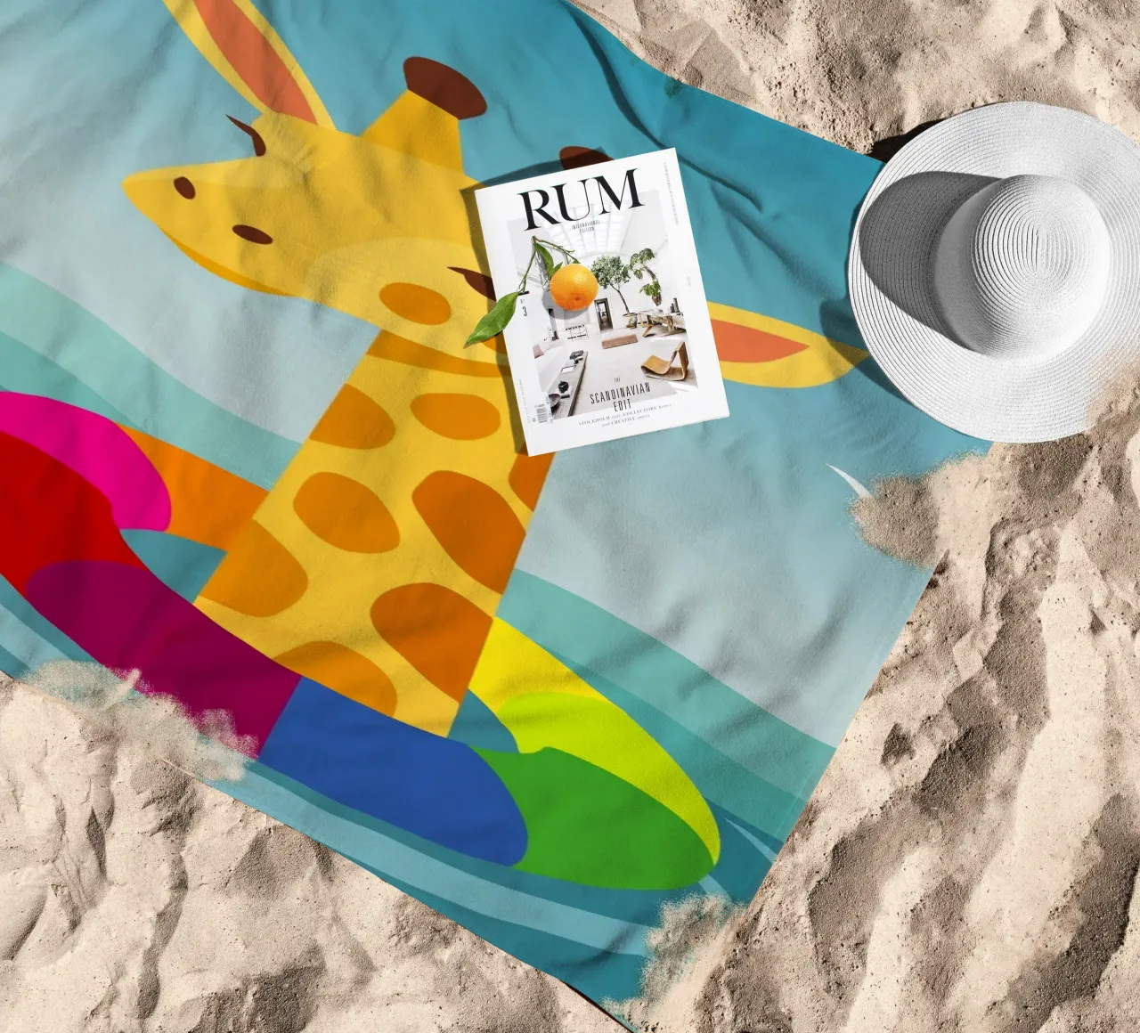 Giraffe with floating tyre - summer fun with style beach towel by namosh