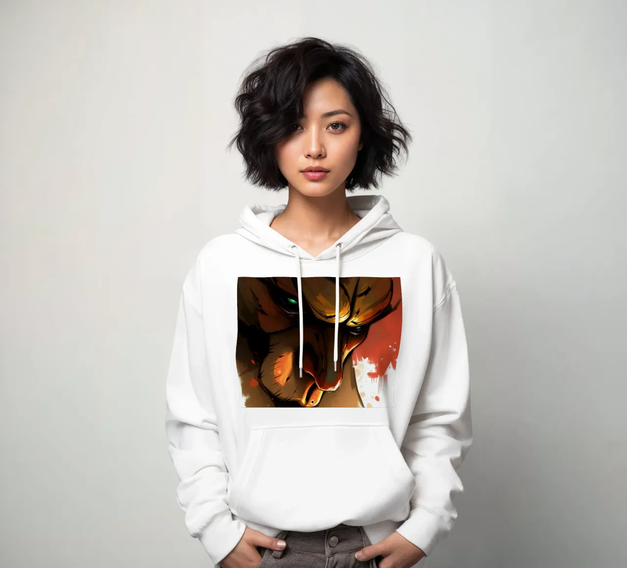 lion with intense gaze and striking colors in abstract art hoodie by DesignDoodle