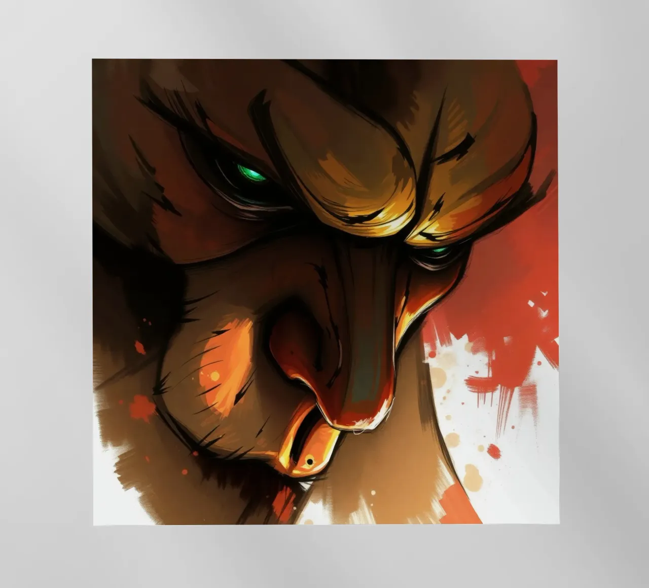 lion with intense gaze and striking colors in abstract art backlit film by DesignDoodle