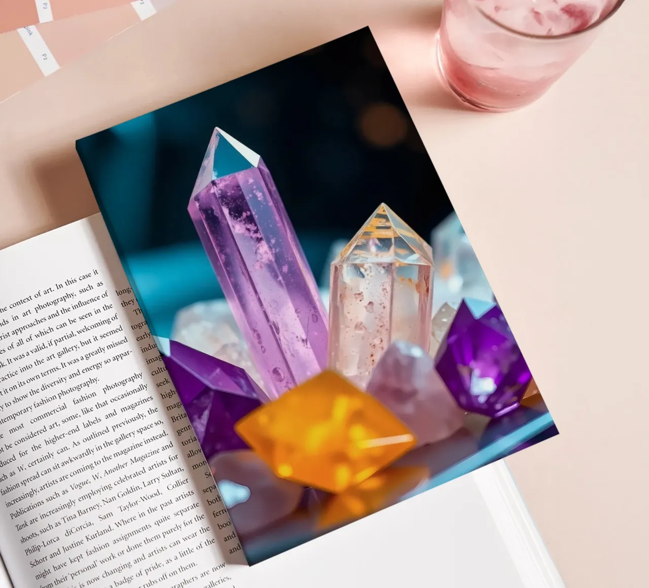 Colorful quartz crystals arranged in an artistic display notebook by DesignDoodle