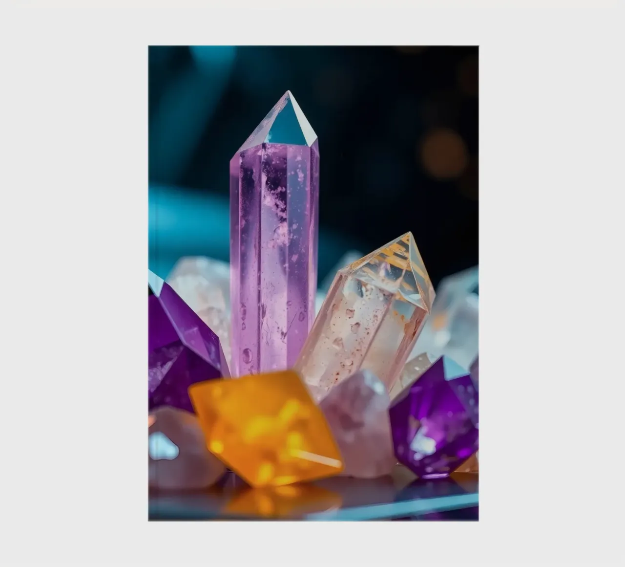Colorful quartz crystals arranged in an artistic display notebook by DesignDoodle