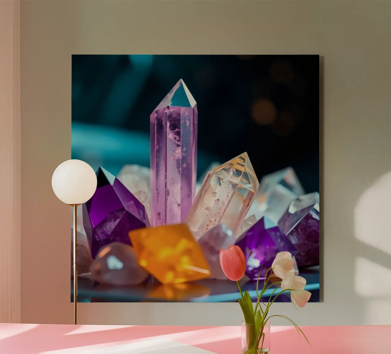 Cristalli di quarzo colorati disposti in un allestimento artistico alluminio dibond da DesignDoodle