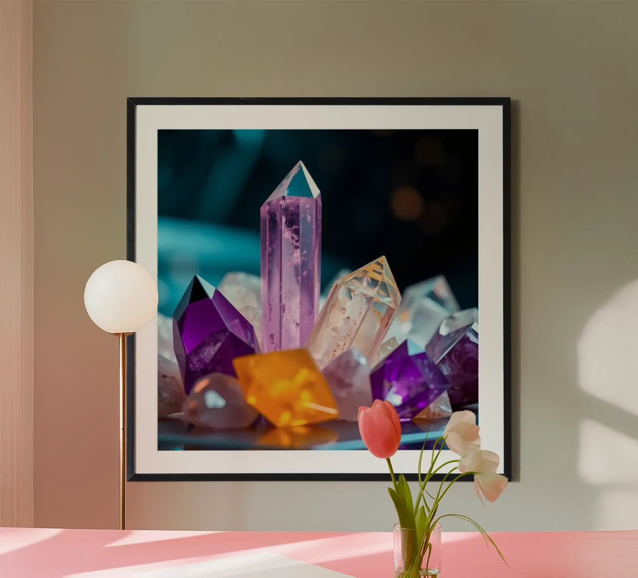 Cristalli di quarzo colorati disposti in un allestimento artistico carta hahnemühle da DesignDoodle