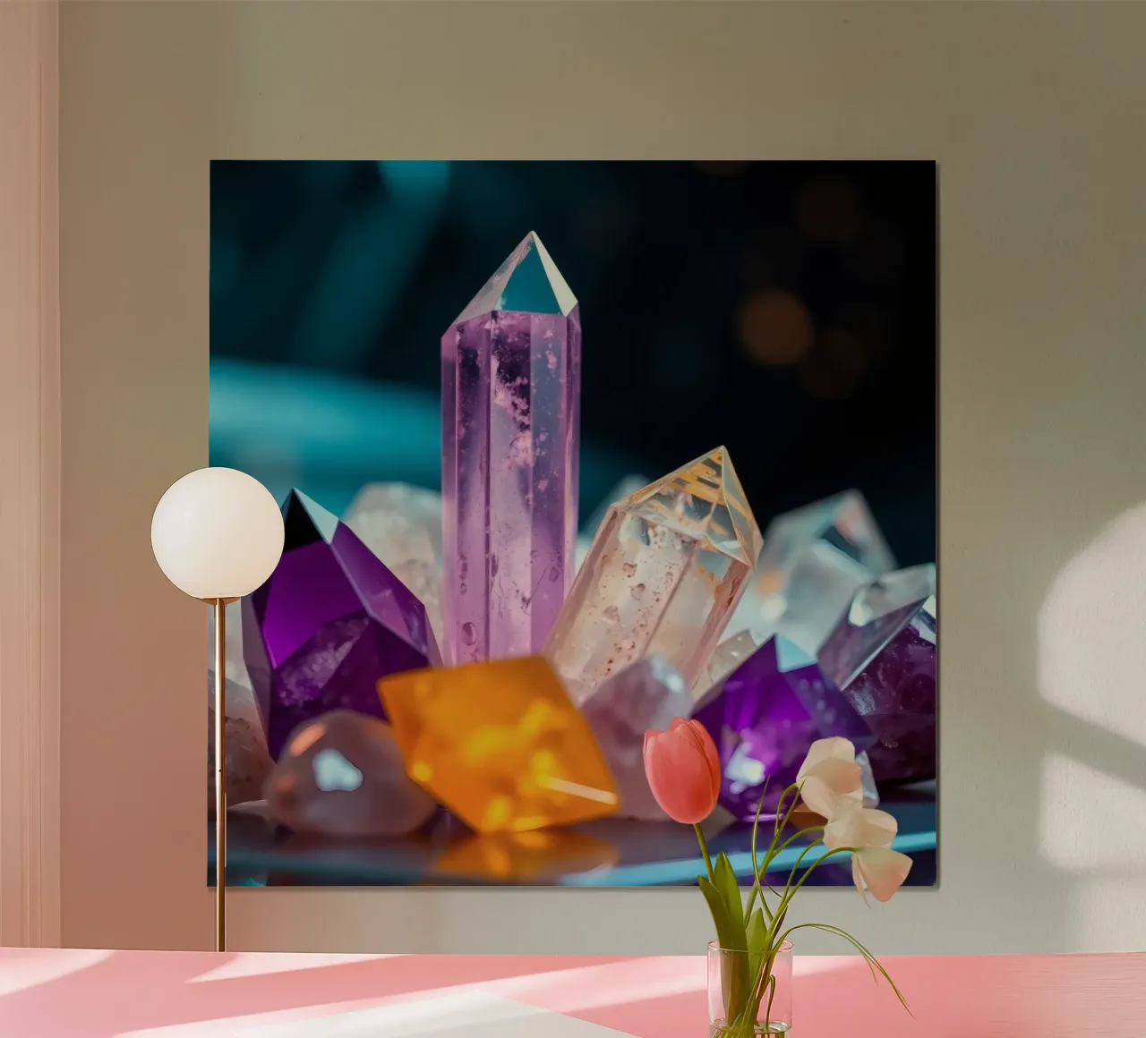 Cristalli di quarzo colorati disposti in un allestimento artistico carta hahnemühle da DesignDoodle