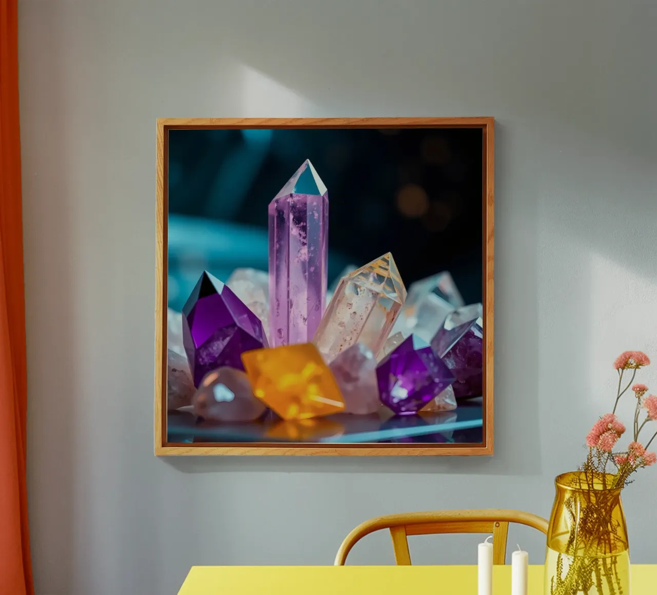 Cristalli di quarzo colorati disposti in un allestimento artistico plexiglass da DesignDoodle