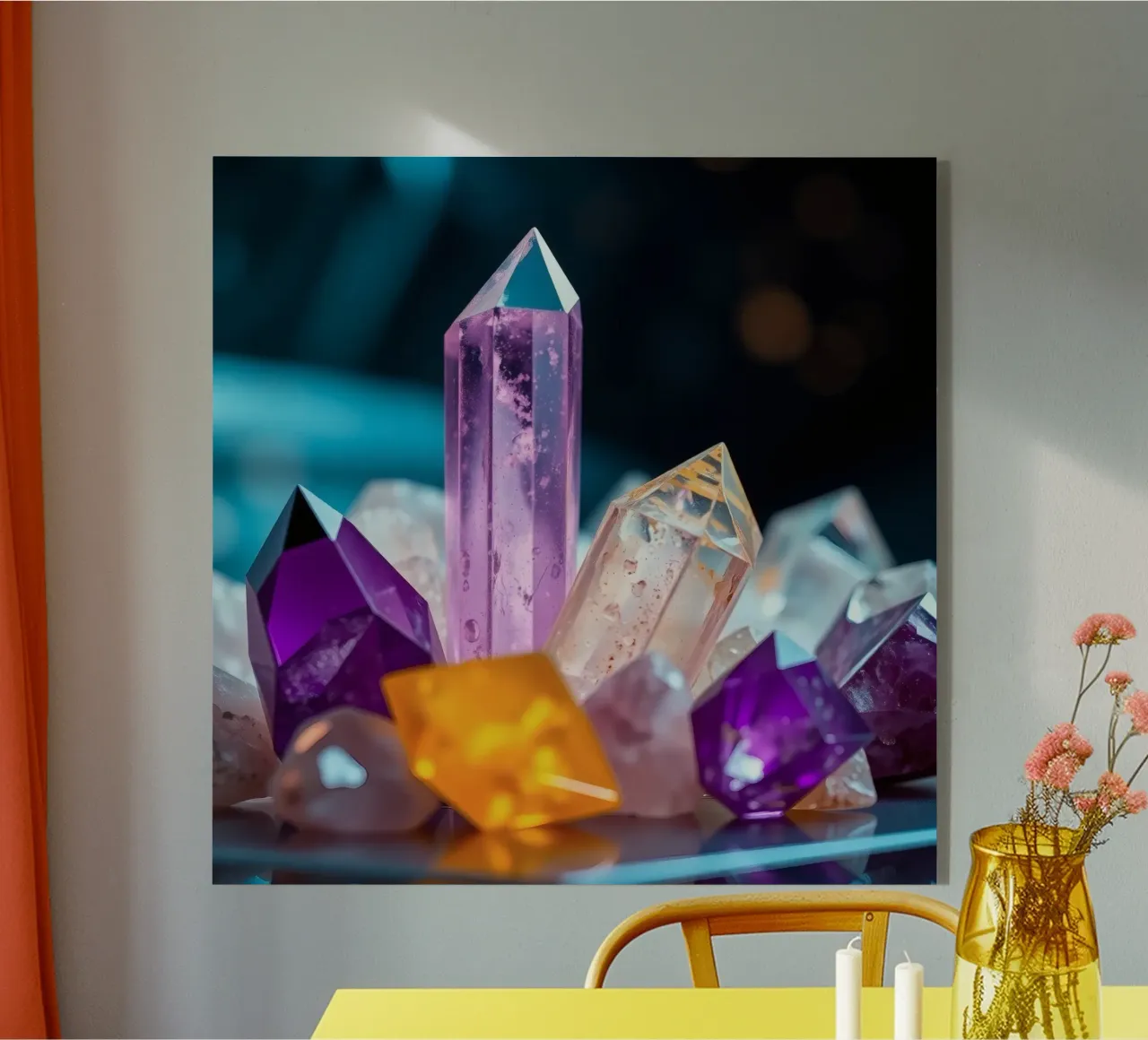 Cristalli di quarzo colorati disposti in un allestimento artistico plexiglass da DesignDoodle