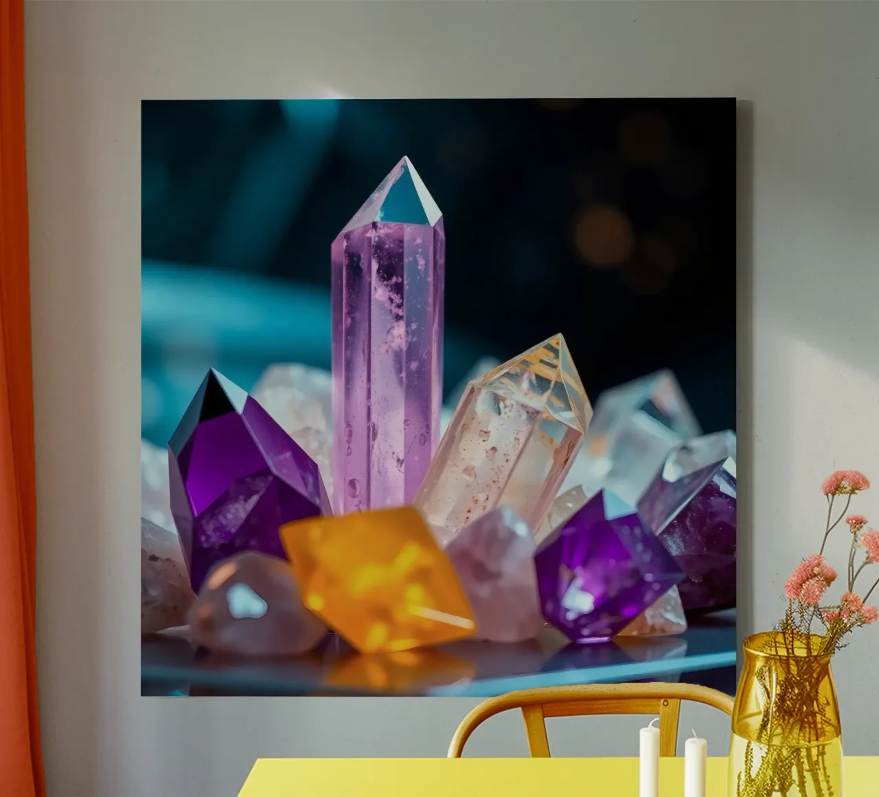 Colorful quartz crystals arranged in an artistic display canvas by DesignDoodle
