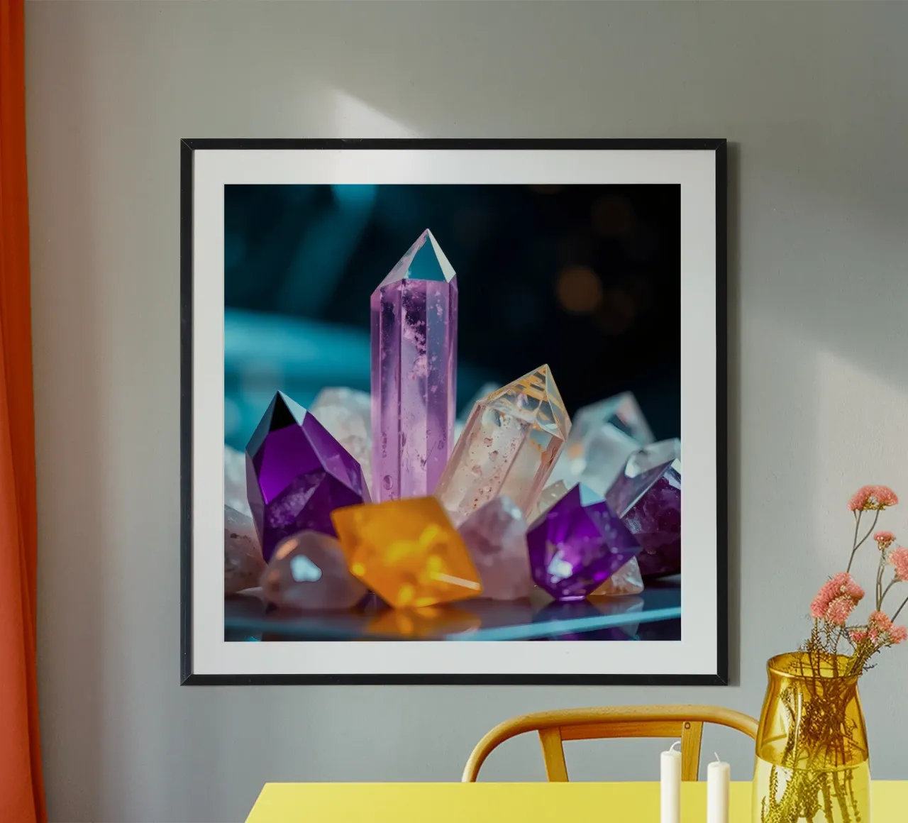 Colorful quartz crystals arranged in an artistic display hahnemühle by DesignDoodle