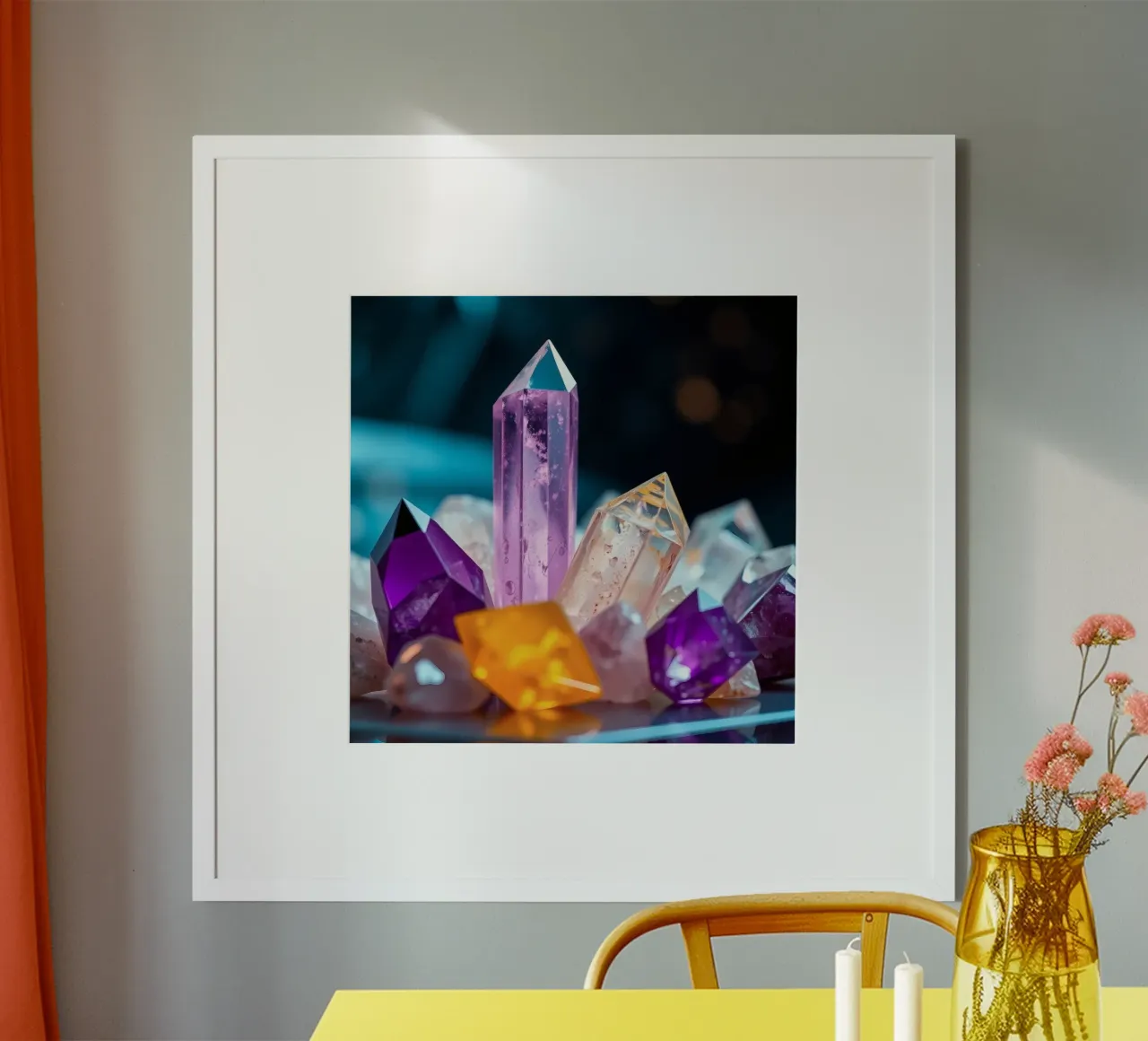 Colorful quartz crystals arranged in an artistic display hahnemühle by DesignDoodle