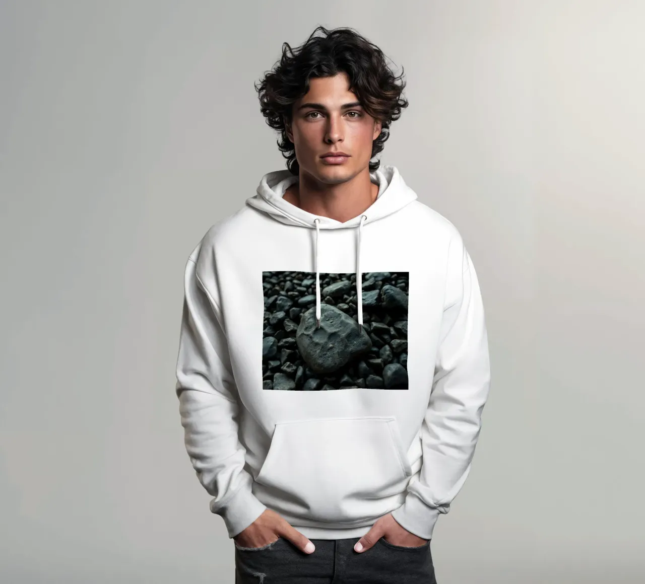 Pietre scure sparse su una spiaggia al tramonto felpa con cappuccio da DesignDoodle