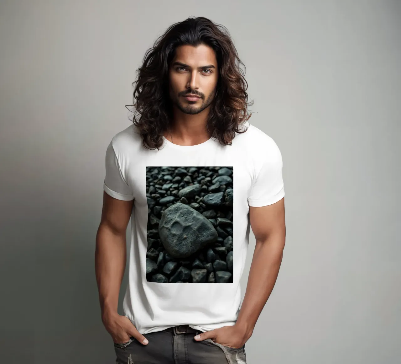 Pietre scure sparse su una spiaggia al tramonto t-shirt da DesignDoodle