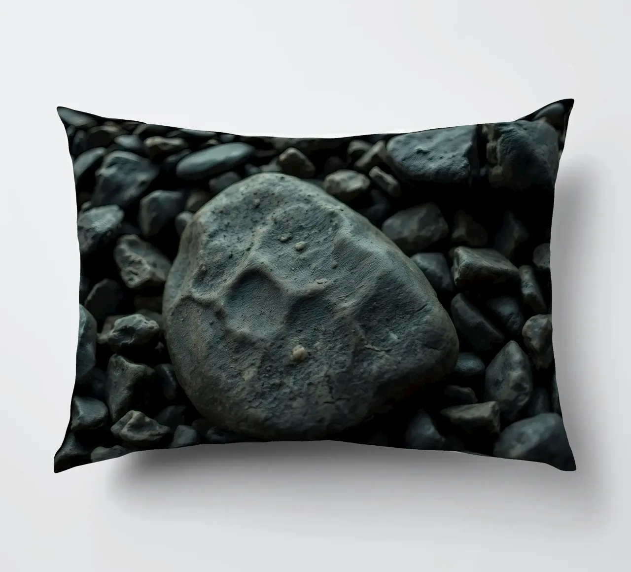 Pietre scure sparse su una spiaggia al tramonto cuscino da DesignDoodle