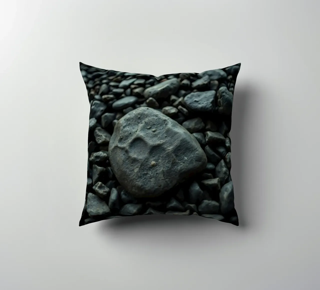 Pietre scure sparse su una spiaggia al tramonto cuscino da DesignDoodle