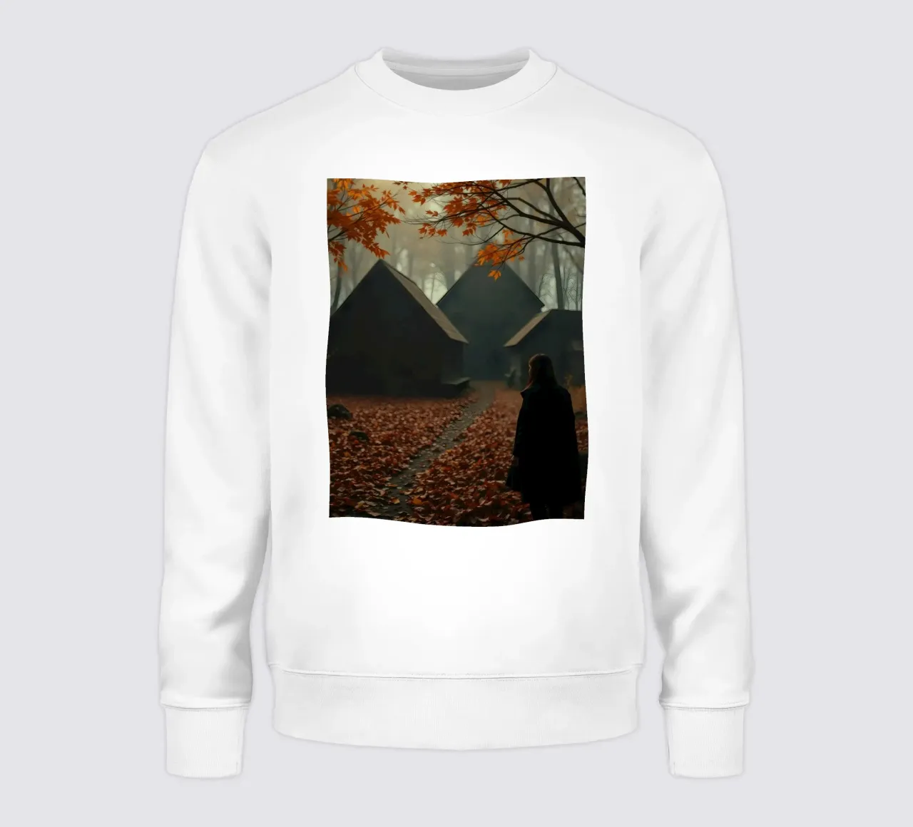 Donna che cammina in un bosco autunnale con sfondo nebbioso felpa da DesignDoodle