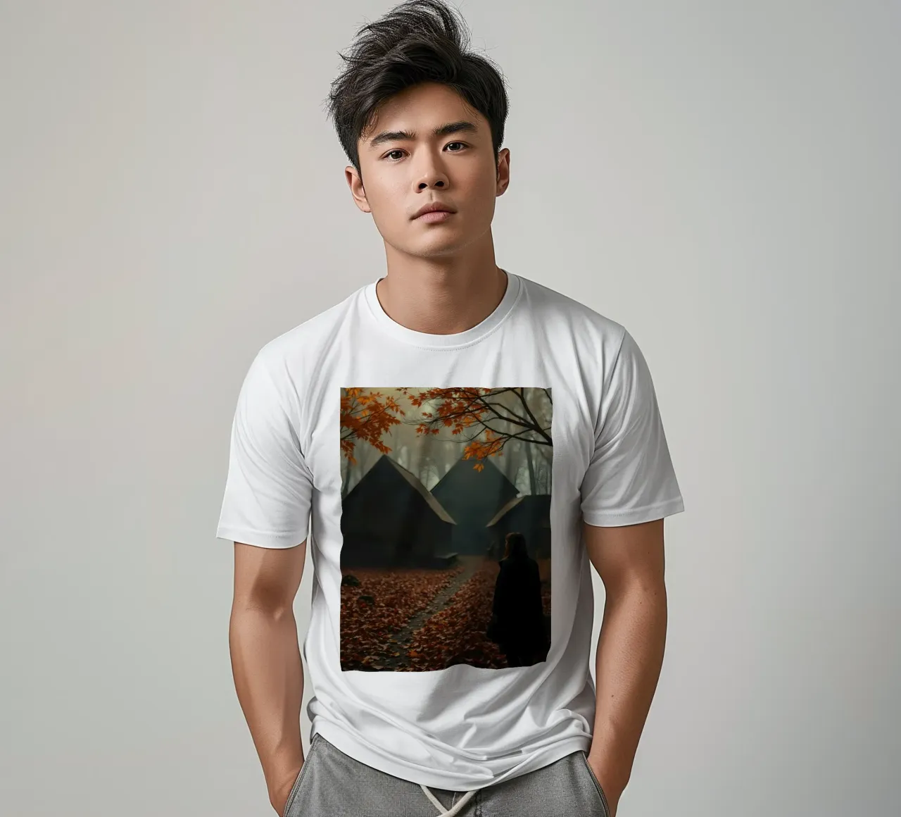 Donna che cammina in un bosco autunnale con sfondo nebbioso t-shirt da DesignDoodle