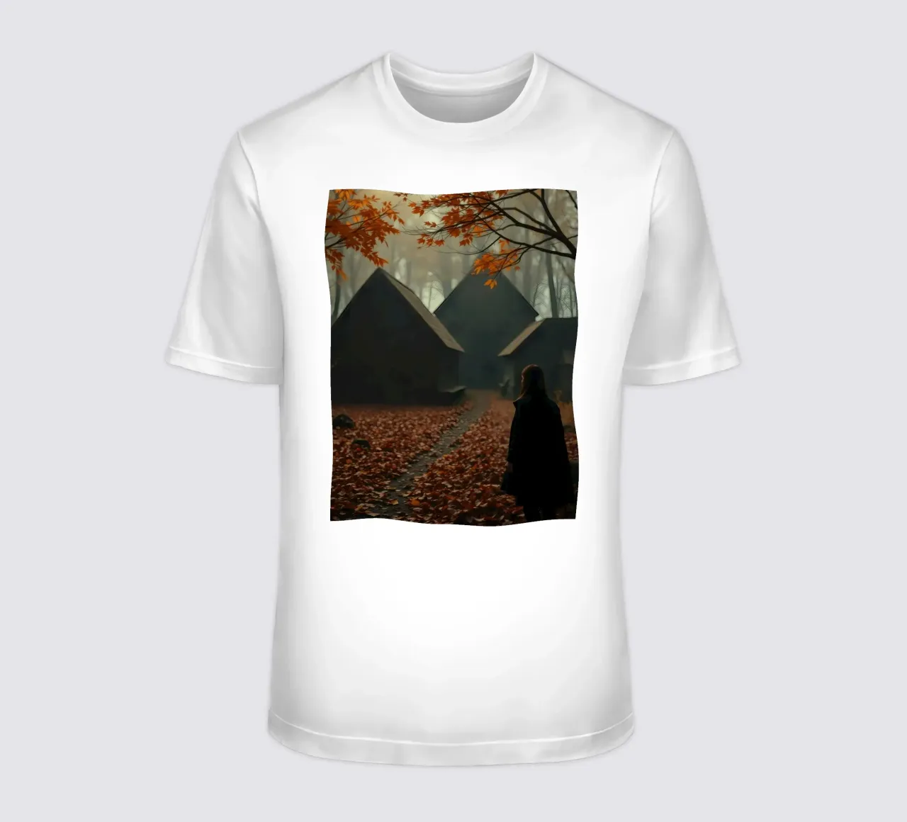 Donna che cammina in un bosco autunnale con sfondo nebbioso t-shirt da DesignDoodle