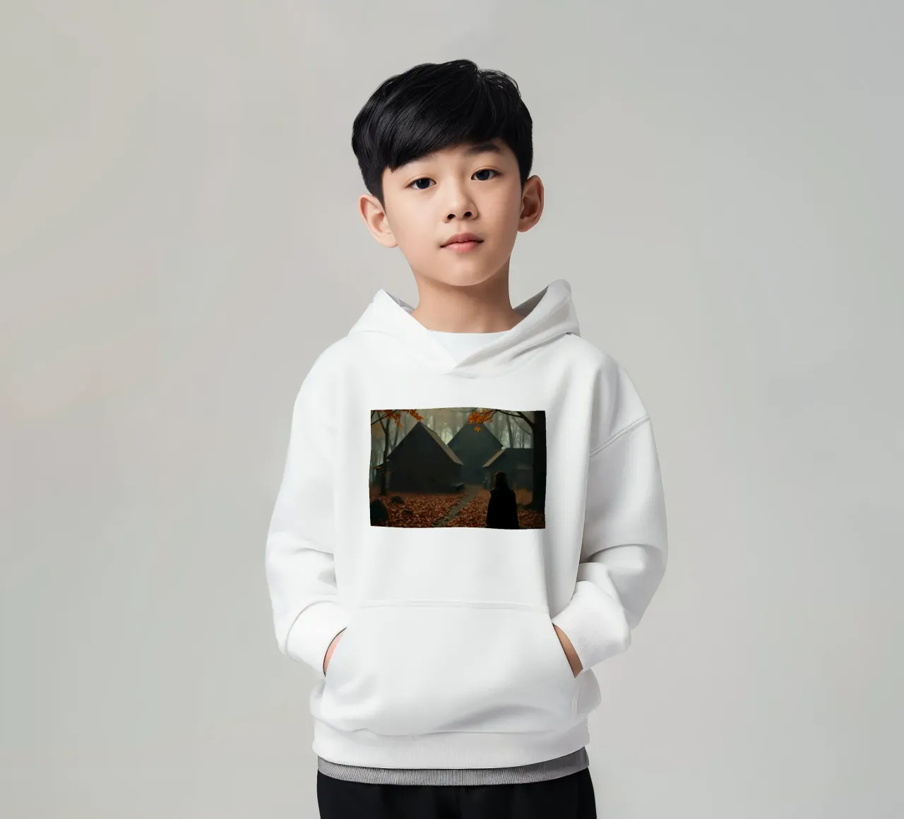 Woman walking through autumnal forest with misty background kids hoodie by DesignDoodle