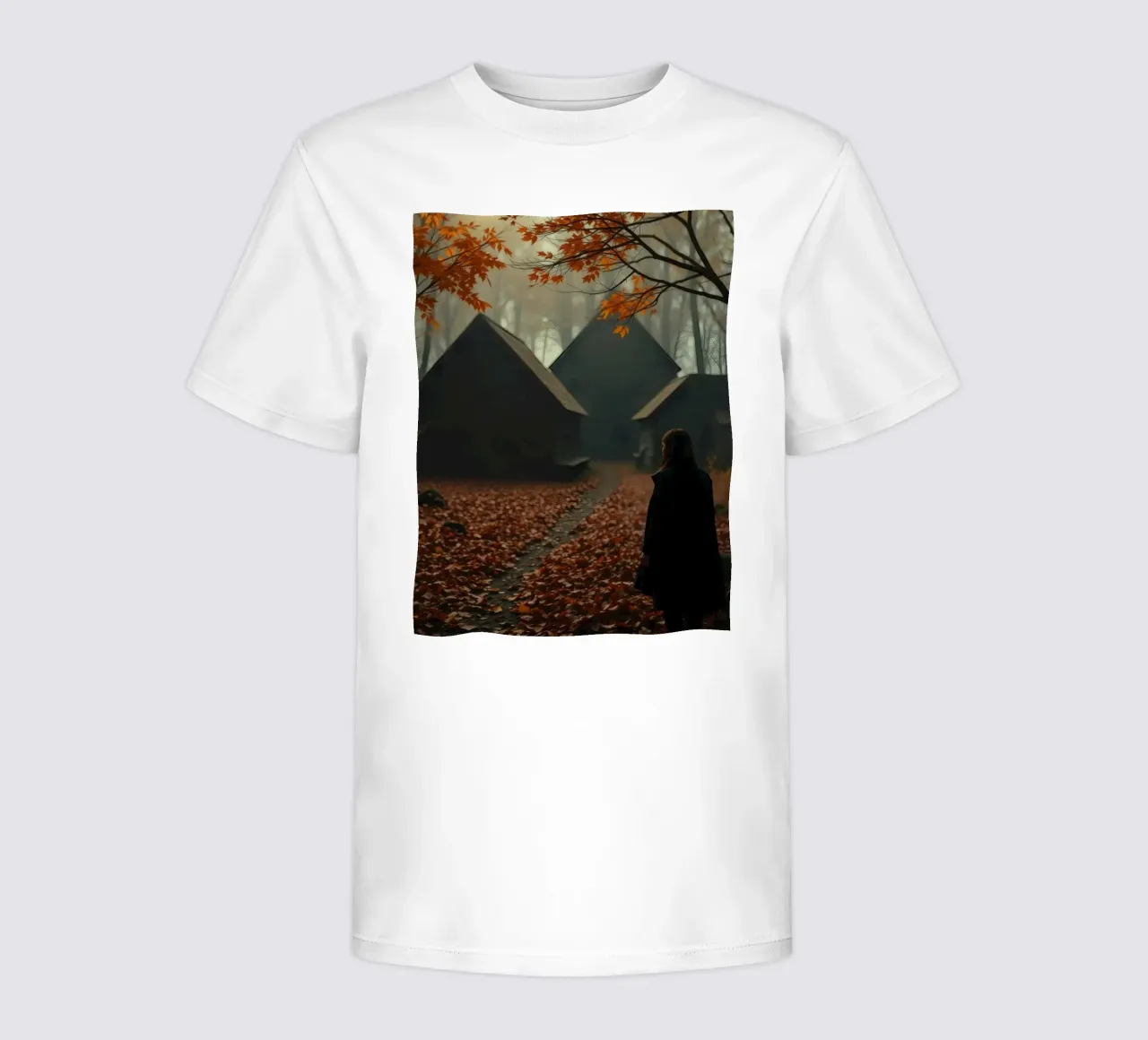 Frau geht durch herbstlichen Wald mit nebligem Hintergrund Kinder T-Shirt von DesignDoodle