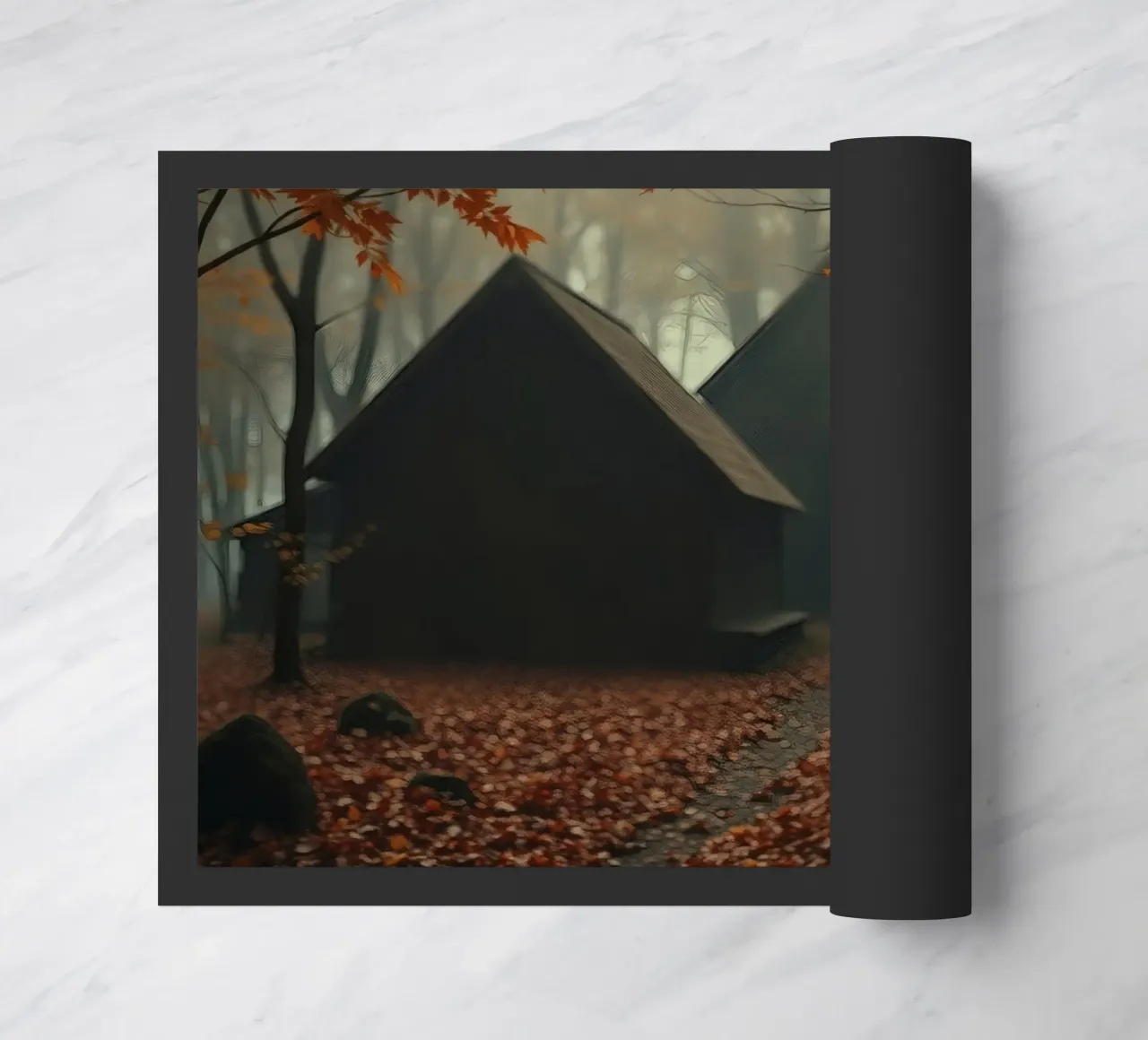 Donna che cammina in un bosco autunnale con sfondo nebbioso zerbino da DesignDoodle